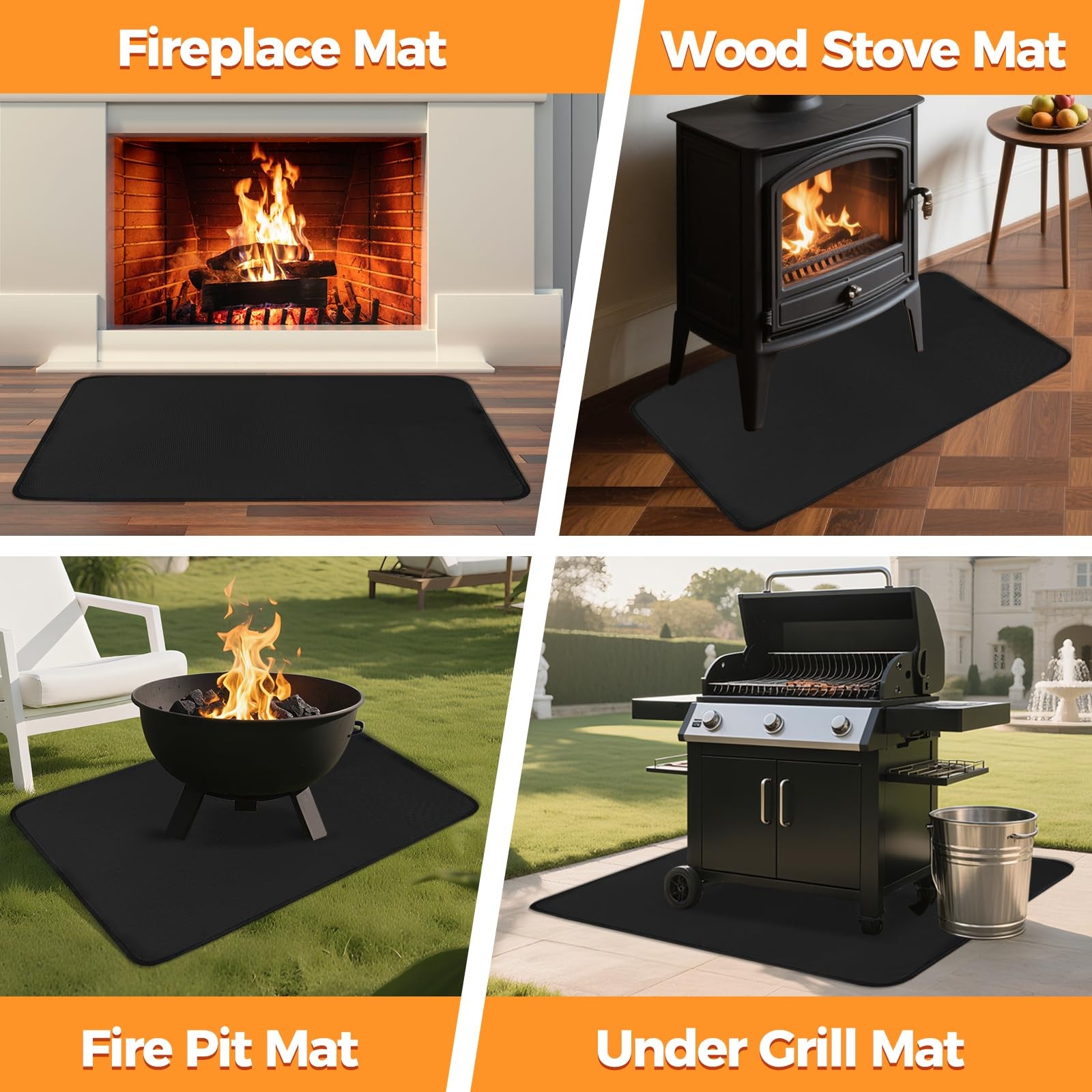 Fireplace Mat, 2′ x 3’6” x 0.04” x 3’6″ (Rectangular), Black