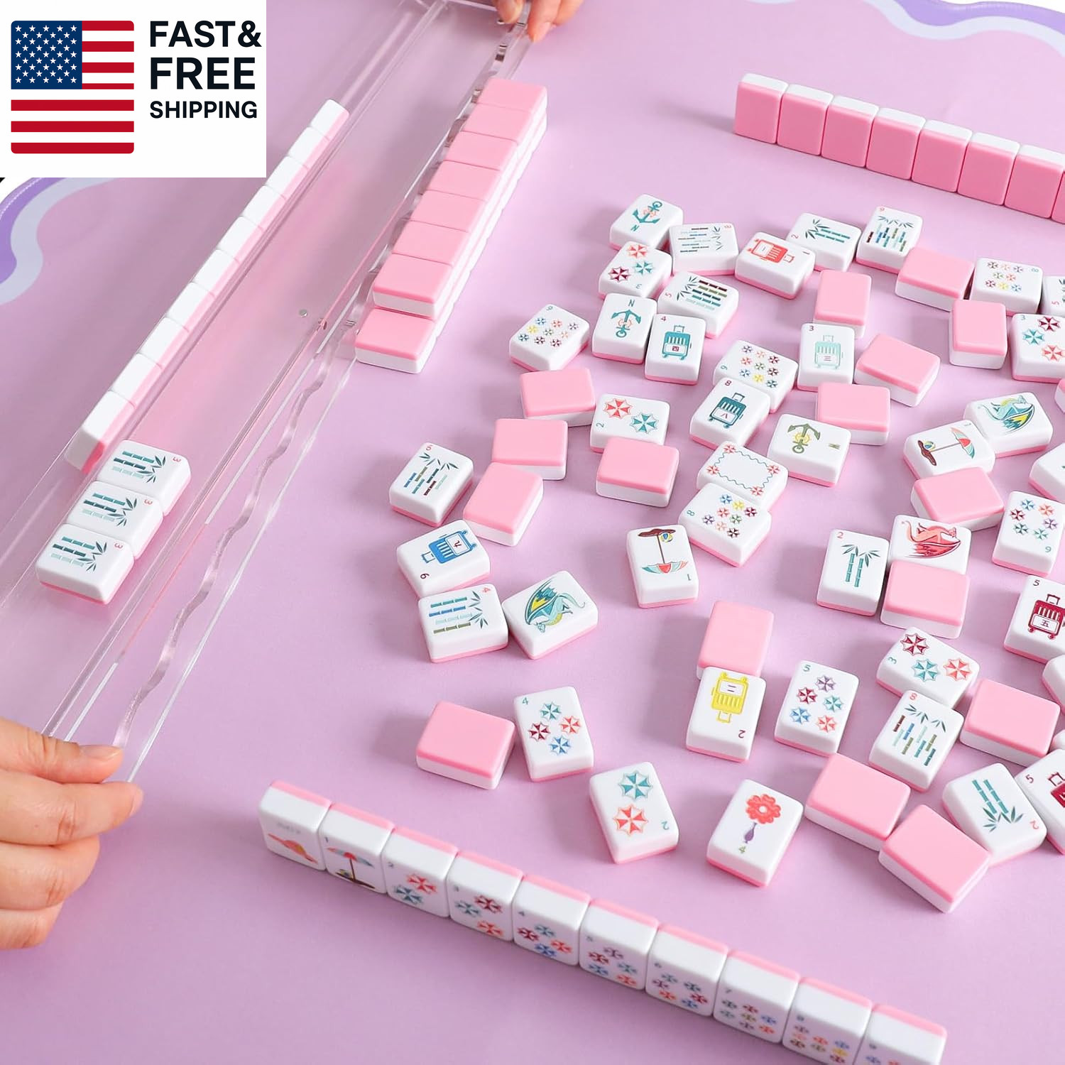 160 Pink Engraved American Mahjong Game Set with Carrying Bag and Accessor