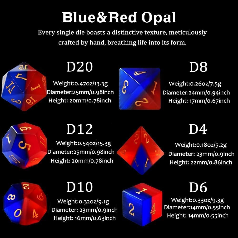 Gemstone DND Dice Set Natural Blue&Red Opal Dice Set 7Pieces D&D Dice Used in Du