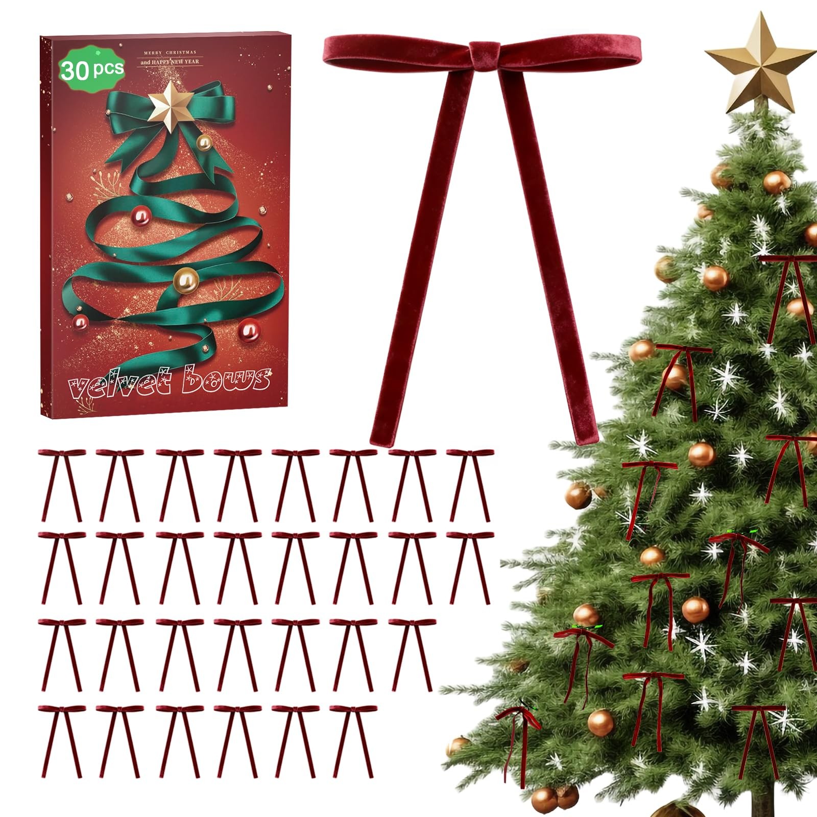 Burgundy Velvet Bows for Christmas Tree – 30Pcs Vintage Ribbon 3/8,