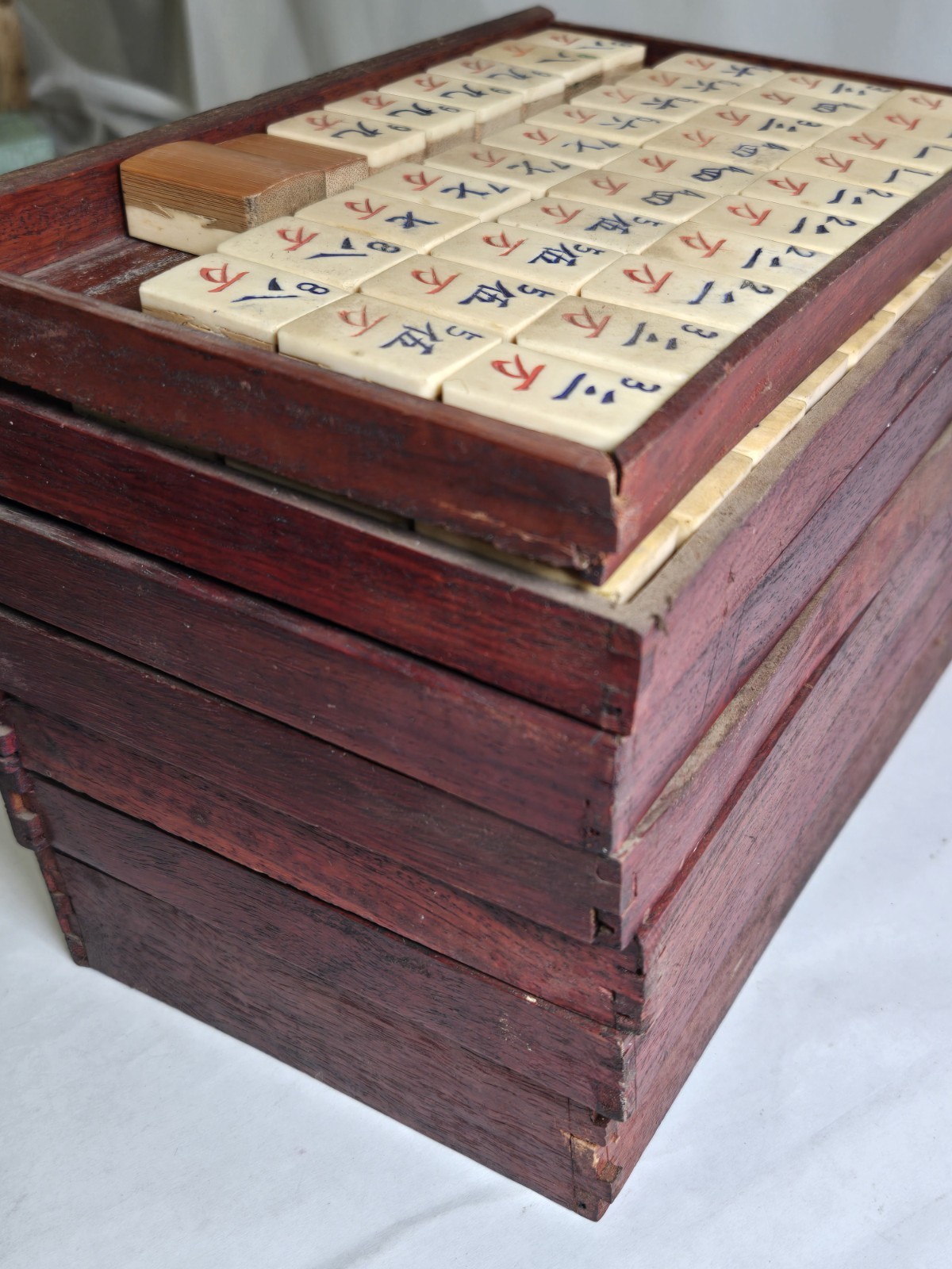 Mahjong Hand Carved Tiles in Original wood trays c.1920 Bamboo Bone 210 tiles +