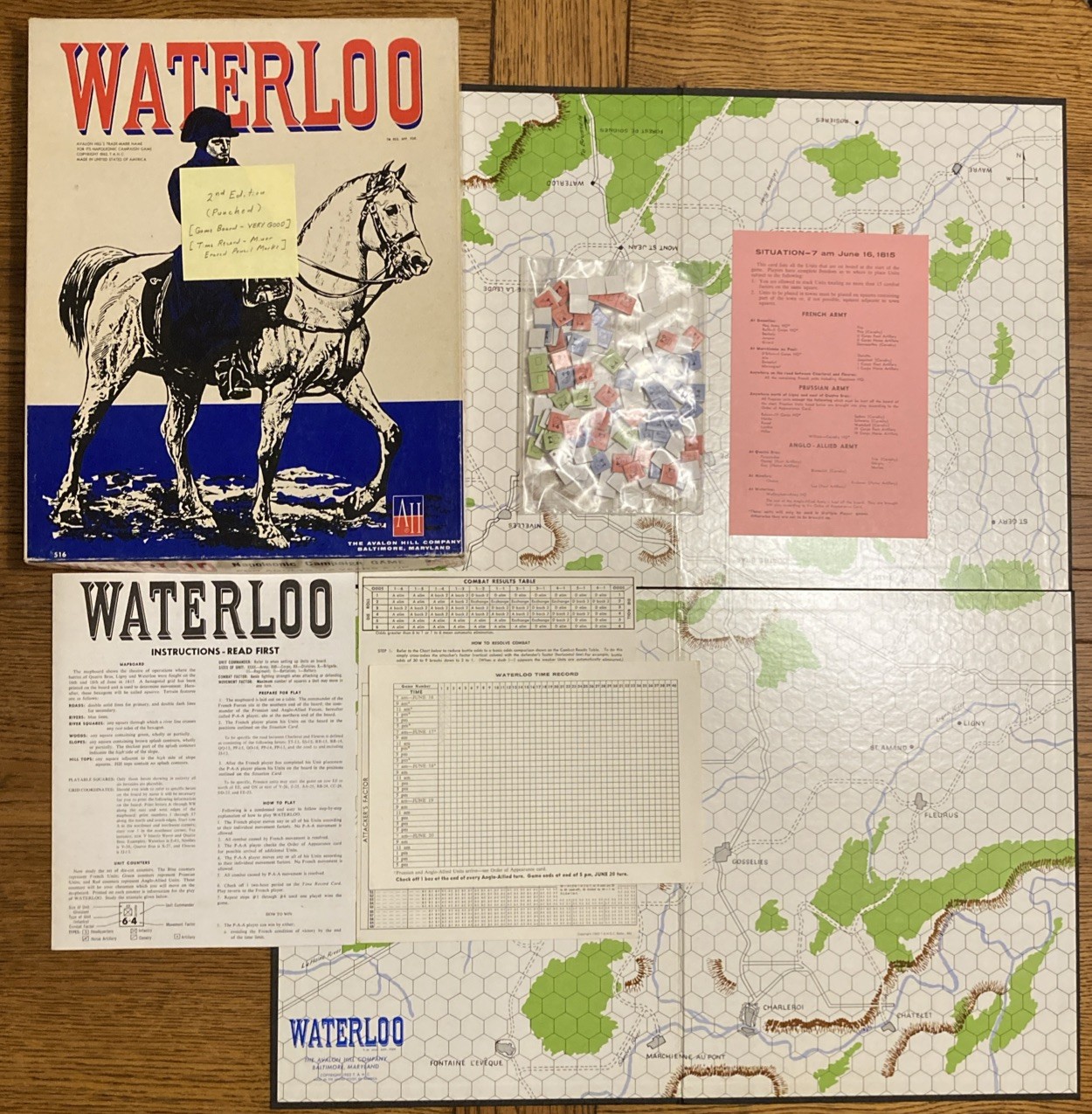 Vintage Waterloo Board Game – 1962 Avalon Hill – PUNCHED – War Game – 516