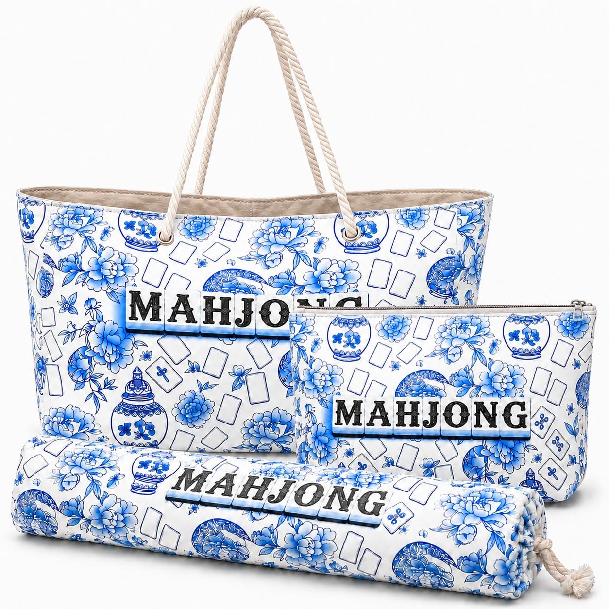 3 Pcs Empty American Mahjong Bags for Tiles and Racks and Mat, Blue Floral Ma…