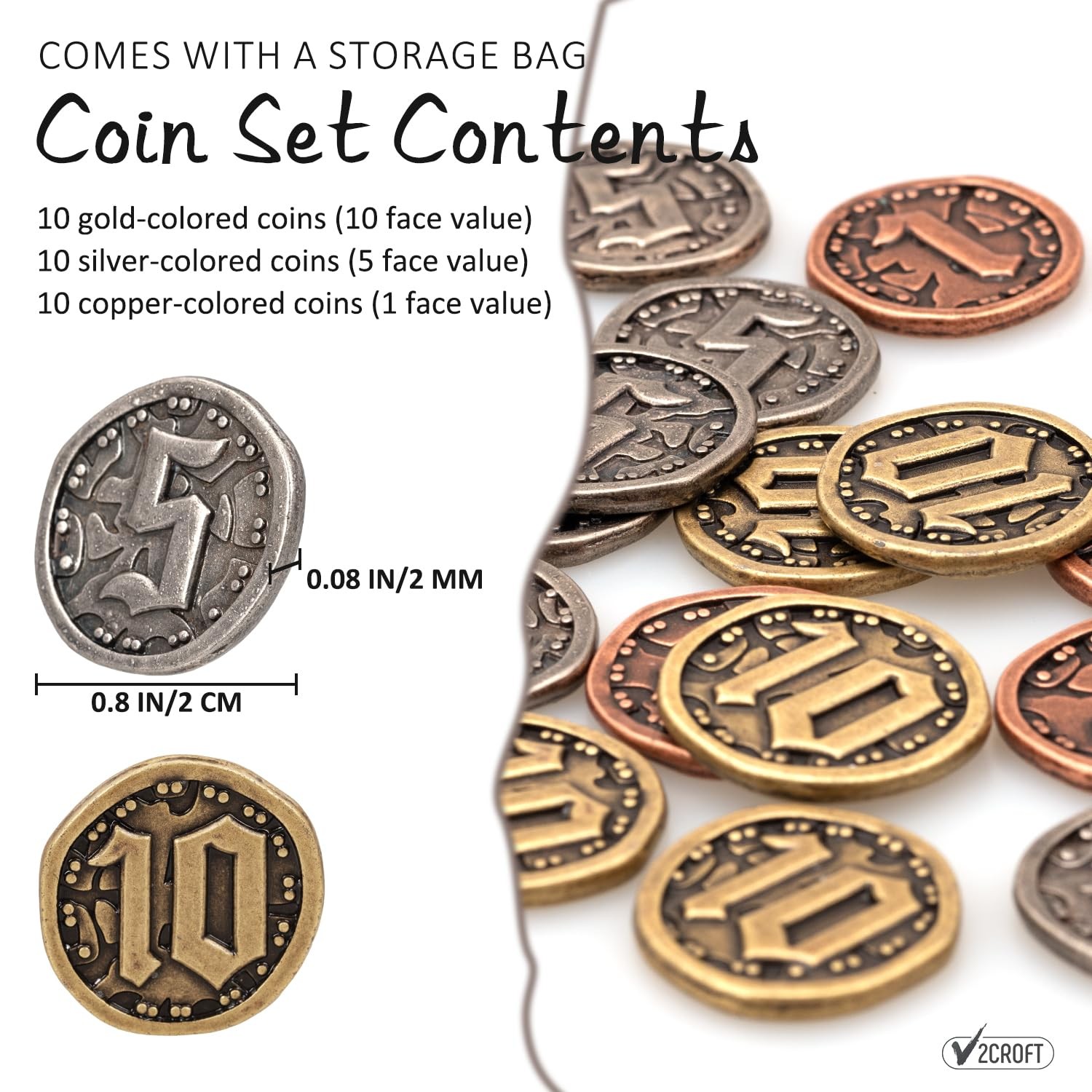 v2croft 30 PCS Metal Coins for Board 0.8 Inch, 30 Pcs (Face Value 1, 5, 10)