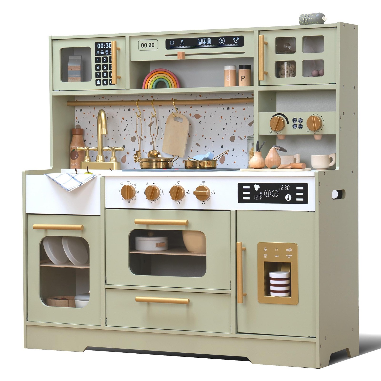 Kids Wooden Play Kitchen Set Stove Sink Coffee Maker 15 Accessories Realistic
