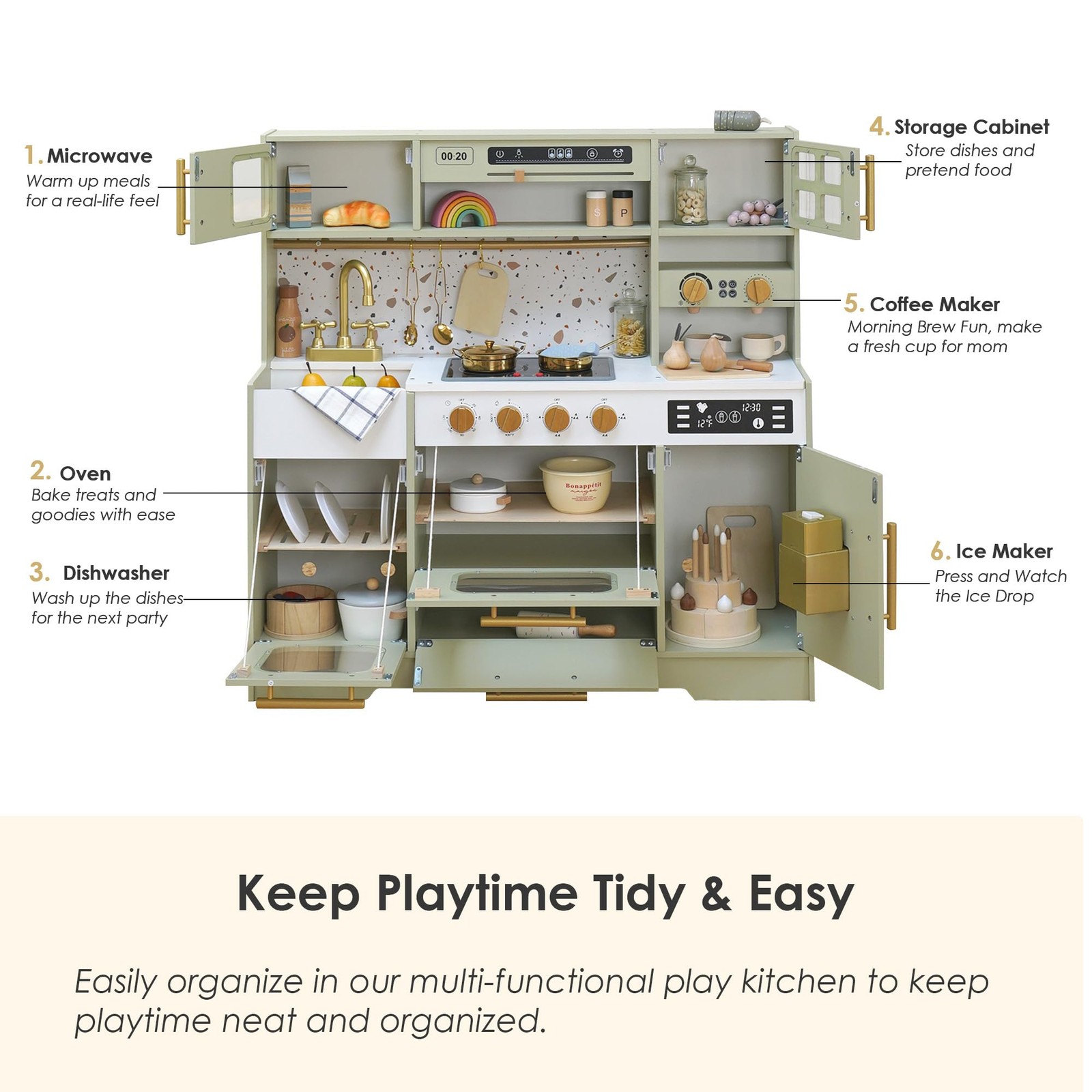 Kids Wooden Play Kitchen Set Stove Sink Coffee Maker 15 Accessories Realistic