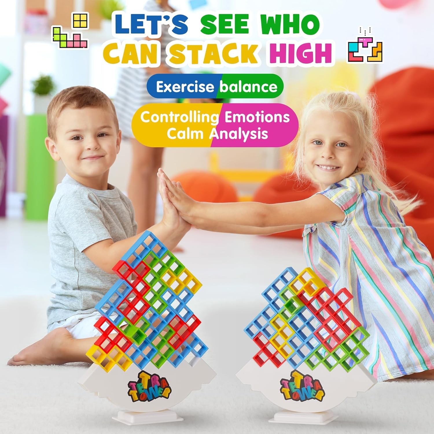 WOWNOVA 48PCS Tetra Tower, Fun Balance Stacking Building Blocks Board Game for K