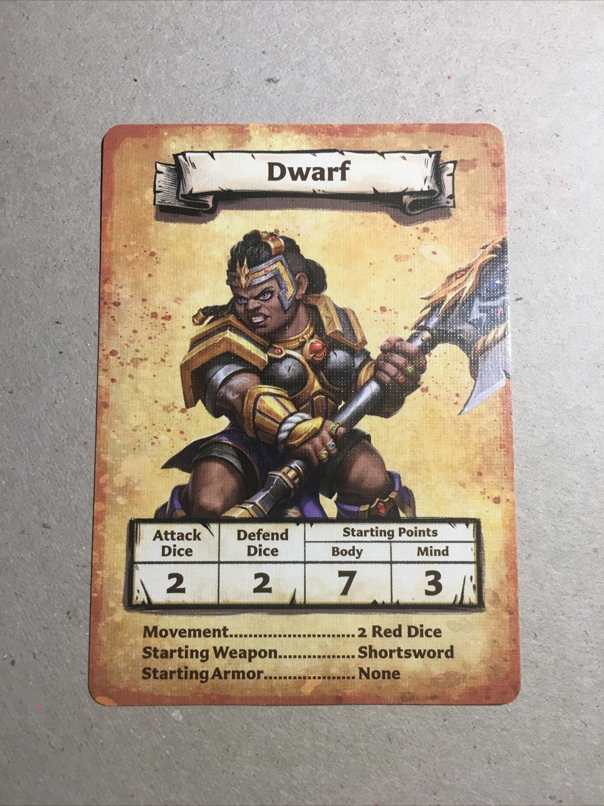 2021 HeroQuest Avalon Hill Heroic tier female Dwarf hero & card