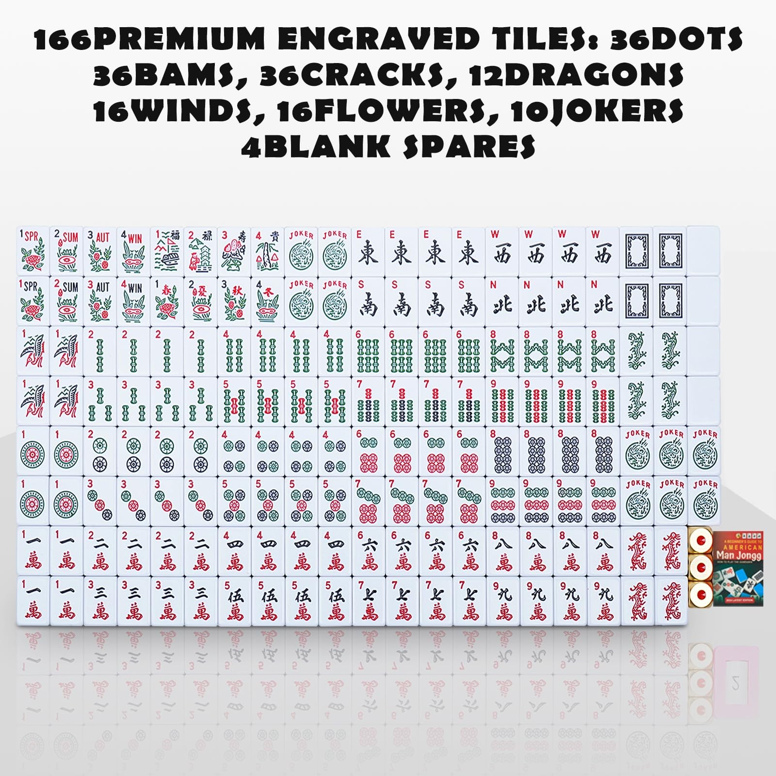 American Mahjong Tiles,166 Quality Ivory Tiles with 3 Golden Dices & Rules In…