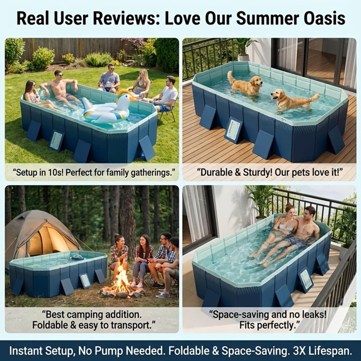 Foldable Pool, Non-Inflatable Swimming Pool for Backyard 113″L x 66″W x 21″H