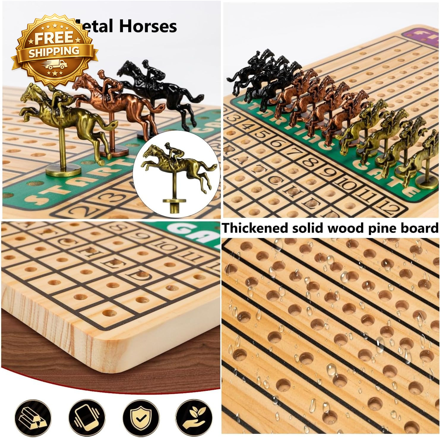 Horse Race Board Game with Luxury Metal Horses 4 Dice 2 Card Boxes and Thickened