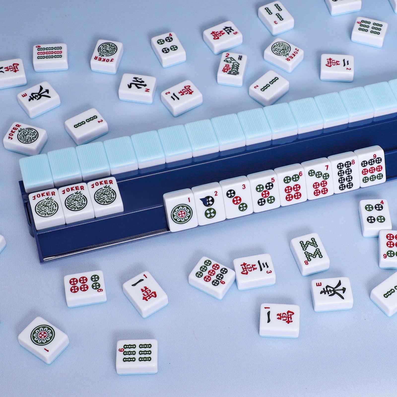 4 PCS Dark Blue Mahjong Racks with Pushers for 166 American Tiles – All-in-One C