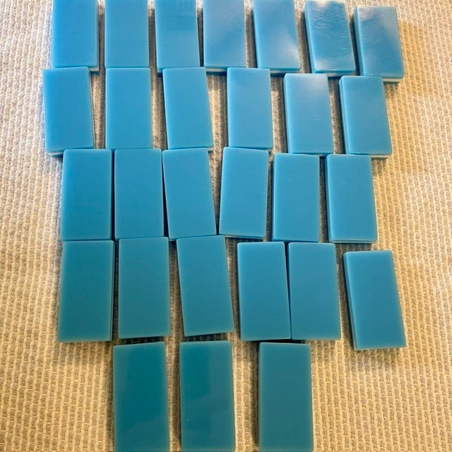 Vintage Two-Tone Blue and White Double Six Dominoes Complete 28 Set Wood Box