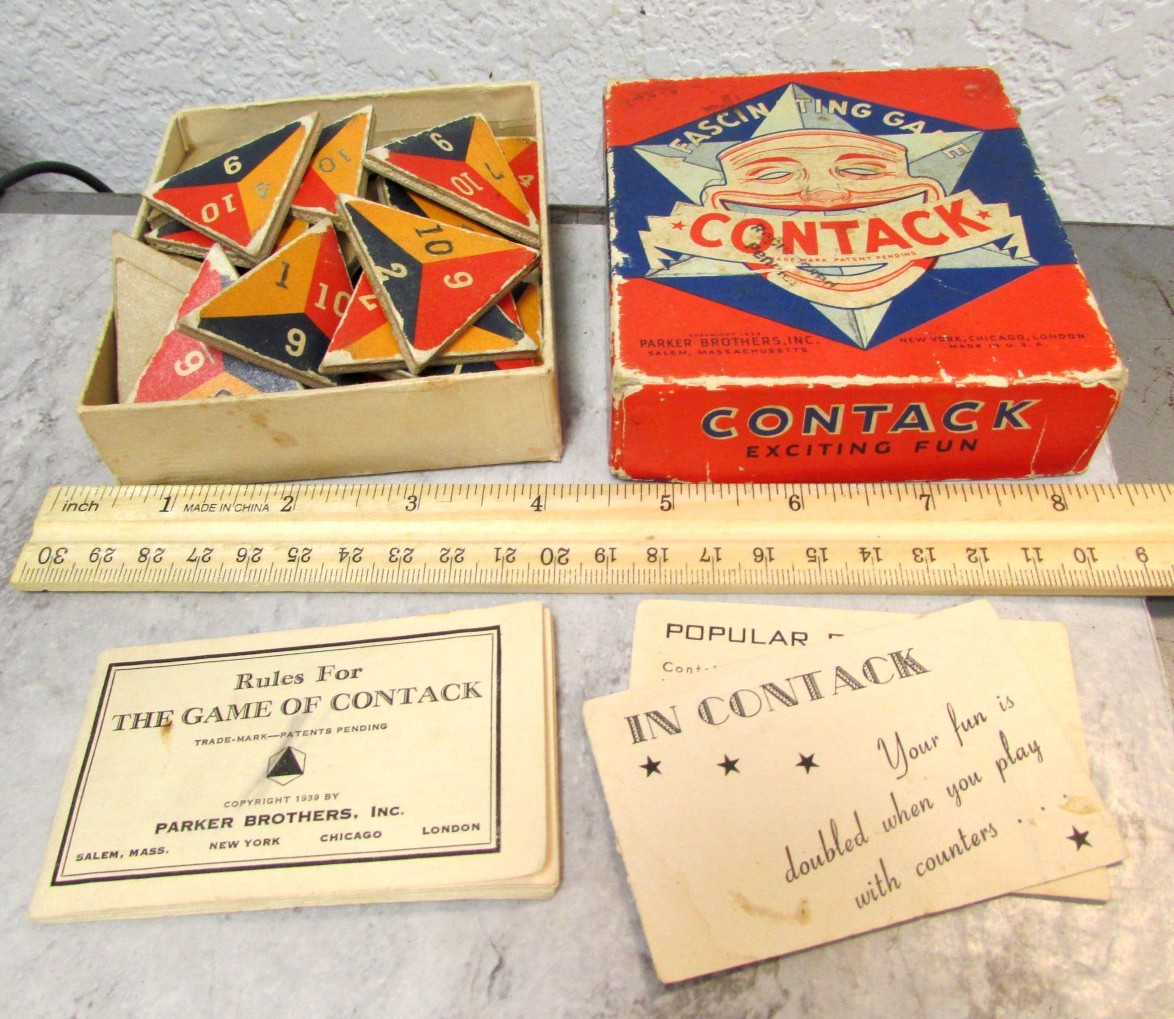 Vintage 1939 fascinating game CONTACK, colorful pieces in box, w instructions