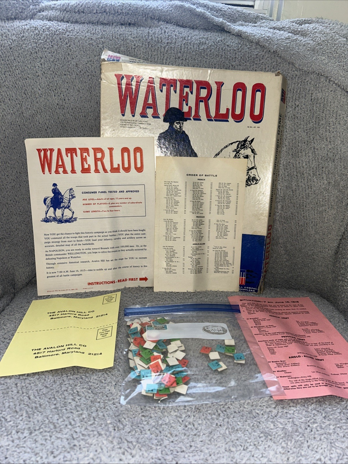 Waterloo Board Game Avalon Hill 1962 Campaign War Game Punched Napoleon PUNCHED