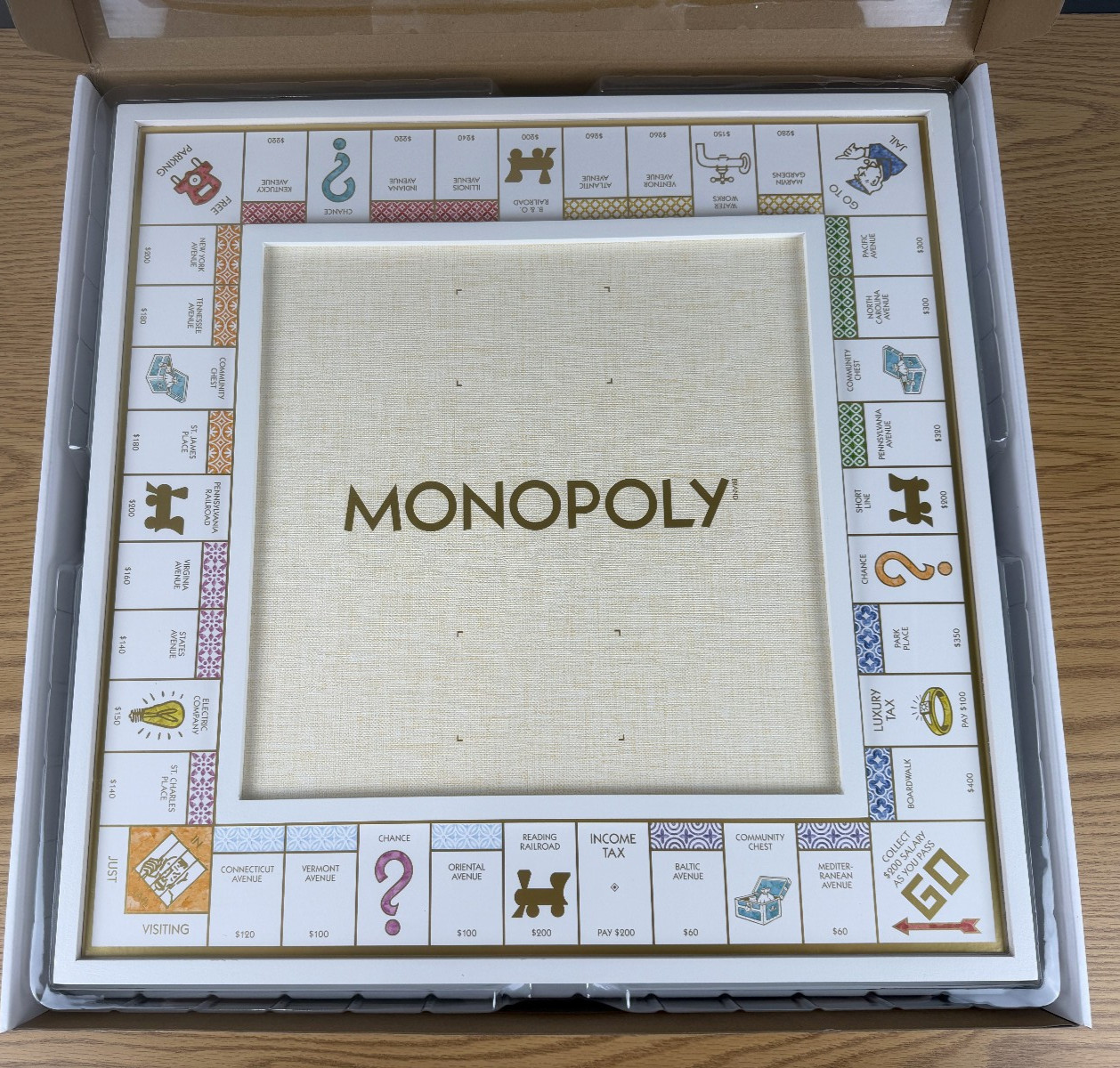 WS Game Co Monopoly Bianco Edition with Foil-Stamped Wood Game Board Open Box