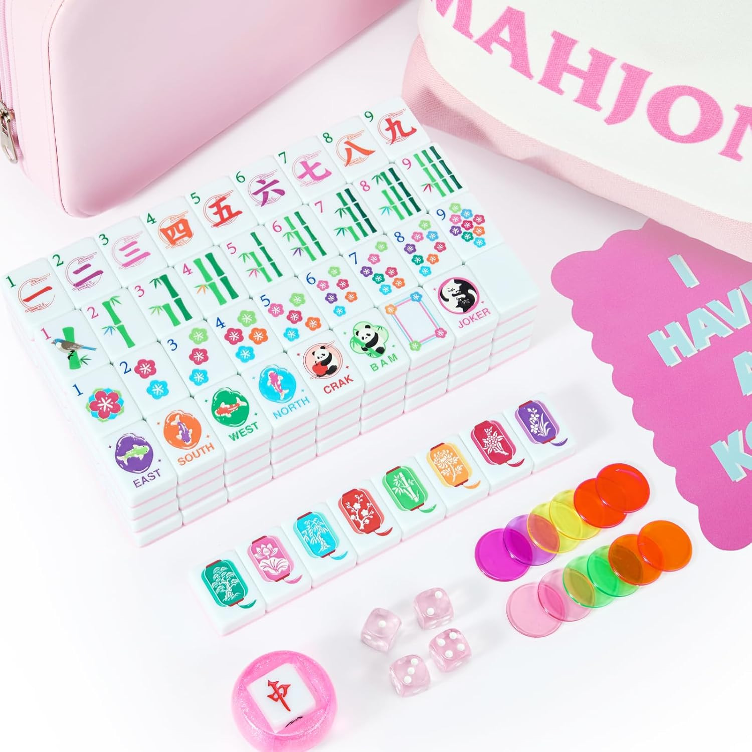 American Mahjong Tile Set 160 Mahjong Tiles Set with Bag Pink Back Melamine 1.2