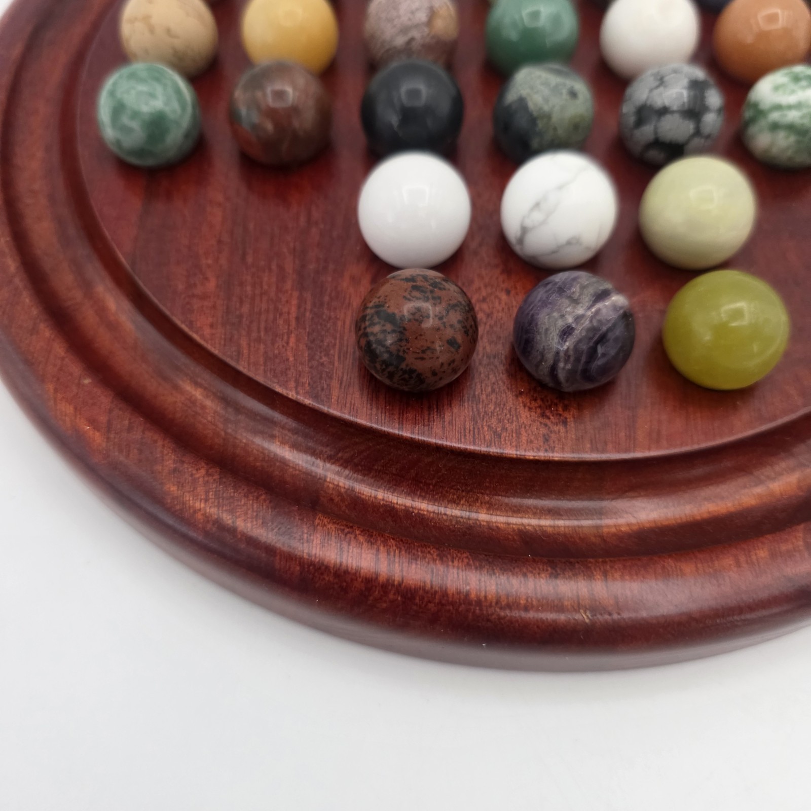 Miniature Marble Solitaire Game with Semi Precious Gemstones Minerals Wood Board