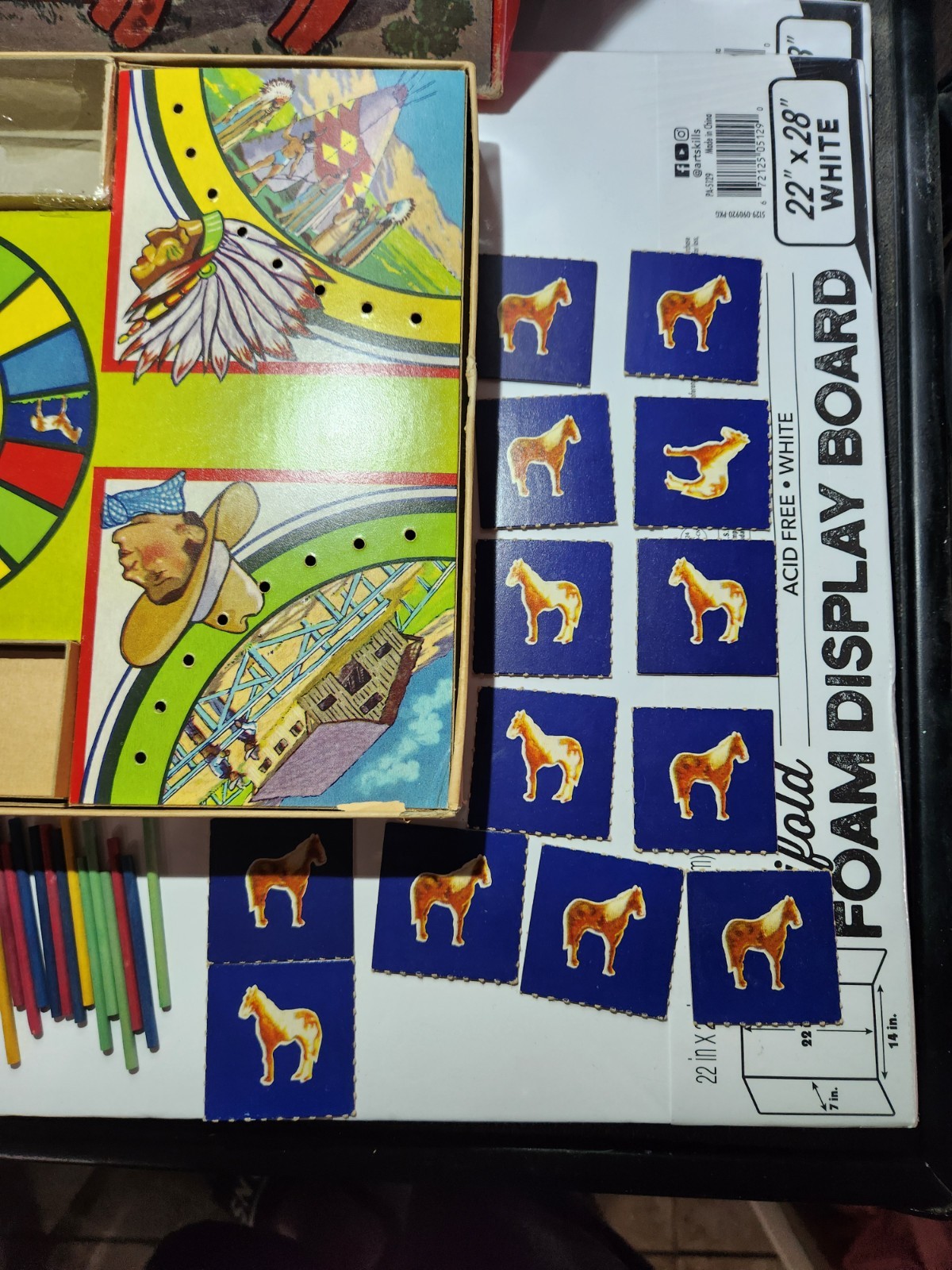 GAME OF COWBOYS AND INDIANS 1950 SAML GABRIEL SONS GREAT GRAPHICS WOODEN PIECES