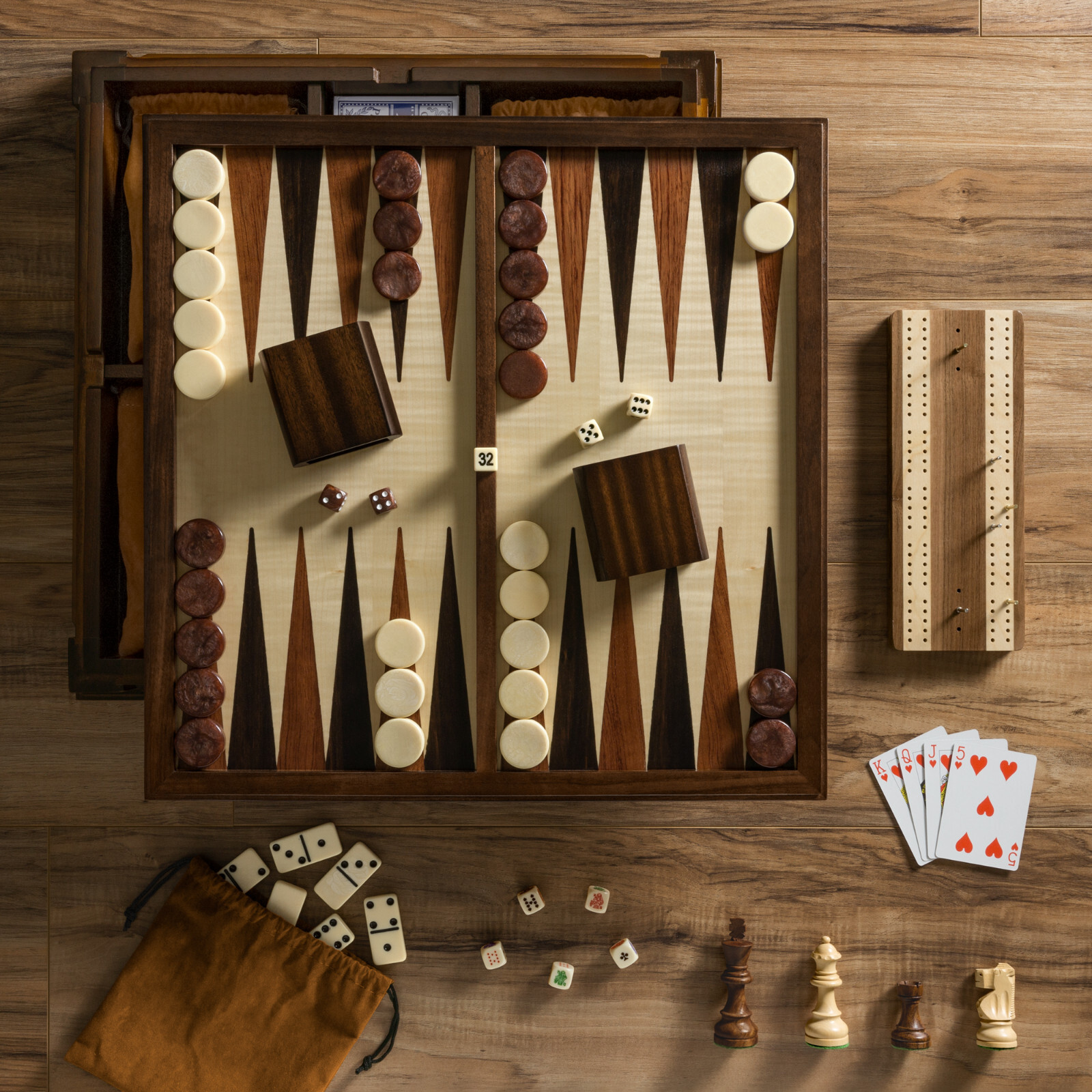 WS Game Company Chess Checkers 7-in-1 Heirloom Edition with Solid Walnut Cabinet
