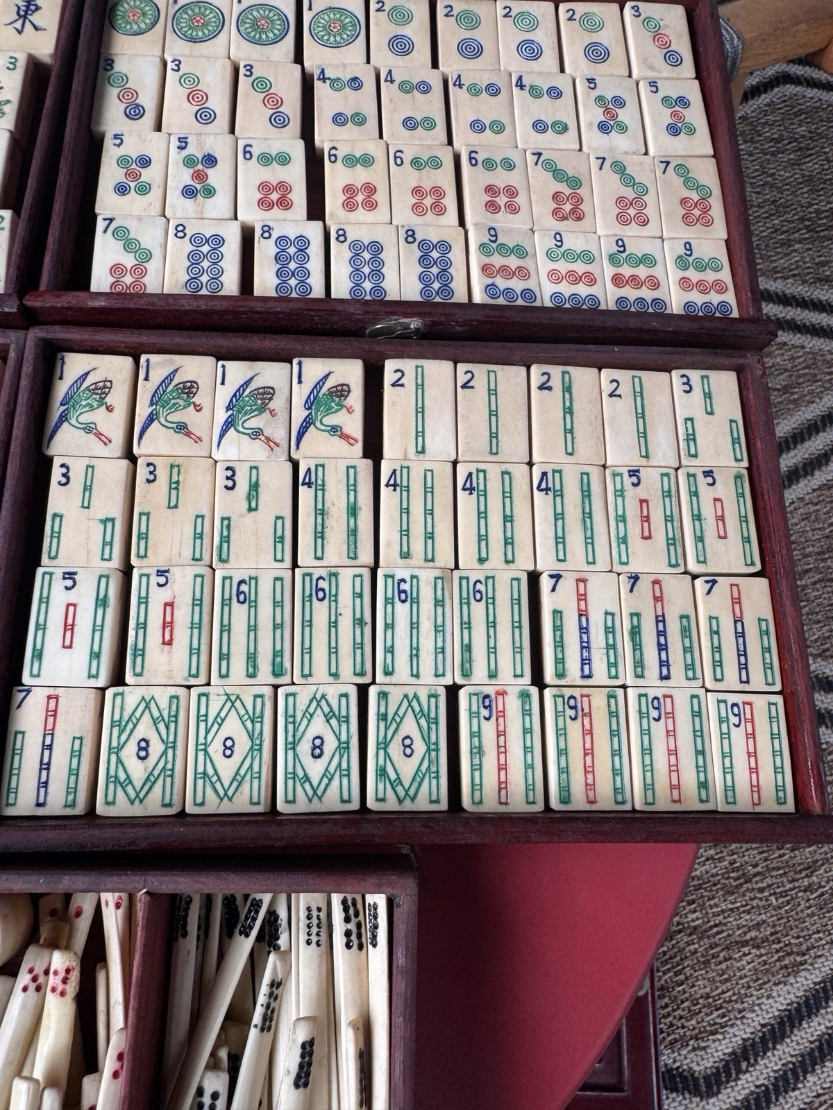 Antique Mahjong 5 Drawer Wood Box Set Bamboo Bone w/DICE/Tiles/Hand Colored