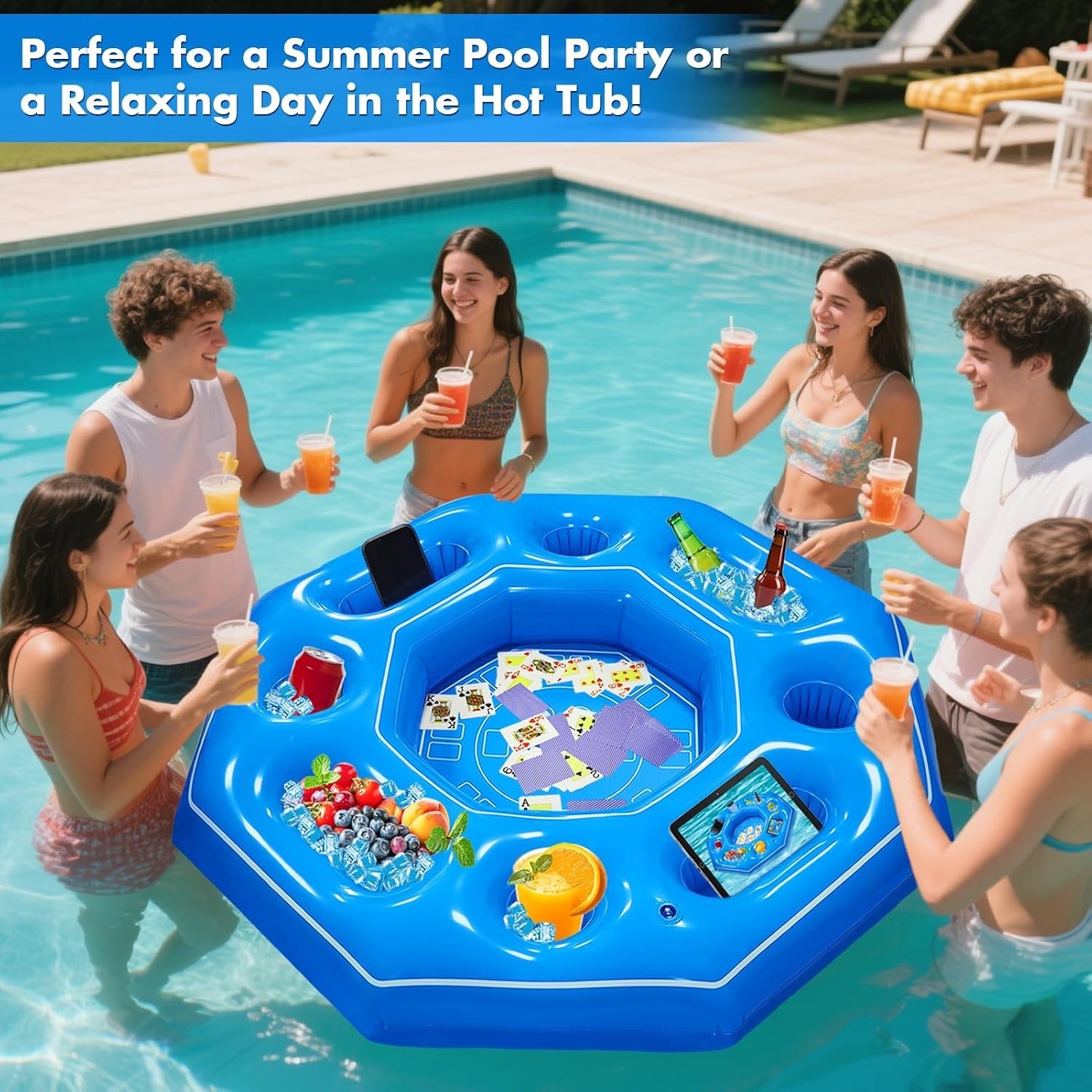 Lanathel Octagonal Inflatable Game Table with Waterproof Cards for Pool Parties