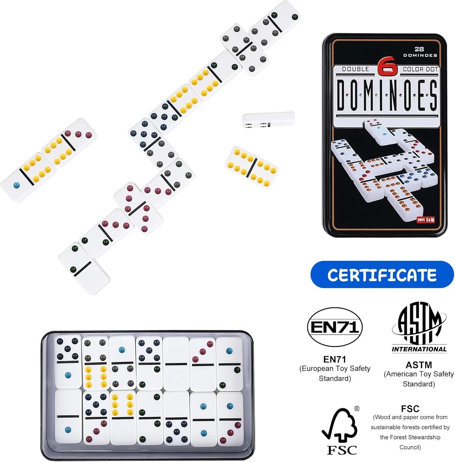 Double Six Dominoes Set for Adults, Classic Domino Game with Tin Box – 28 Tiles