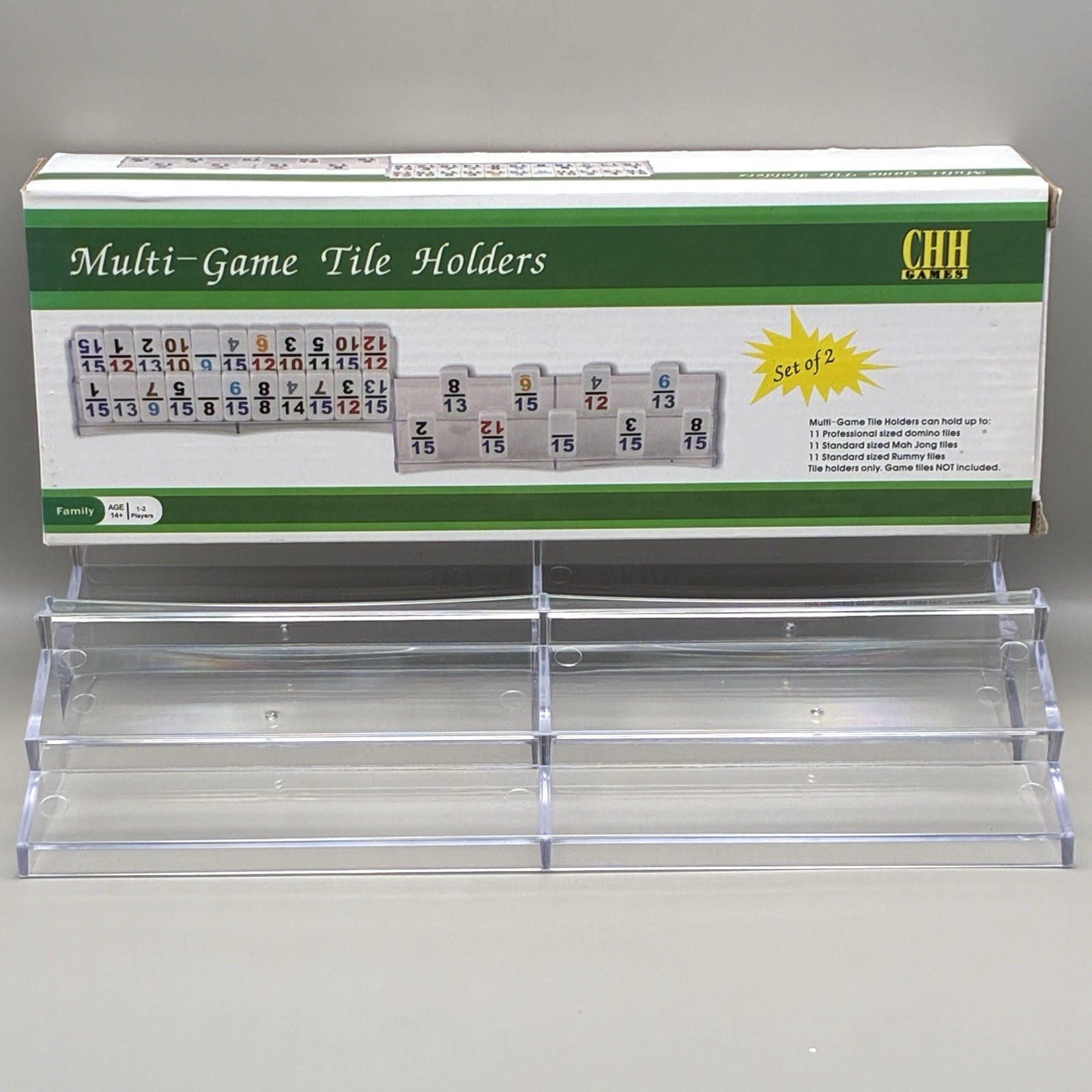 Rummy Mah Jong Tile Holder Set of 4 Clear Acrylic Trays Domino Racks NEW IN BOX