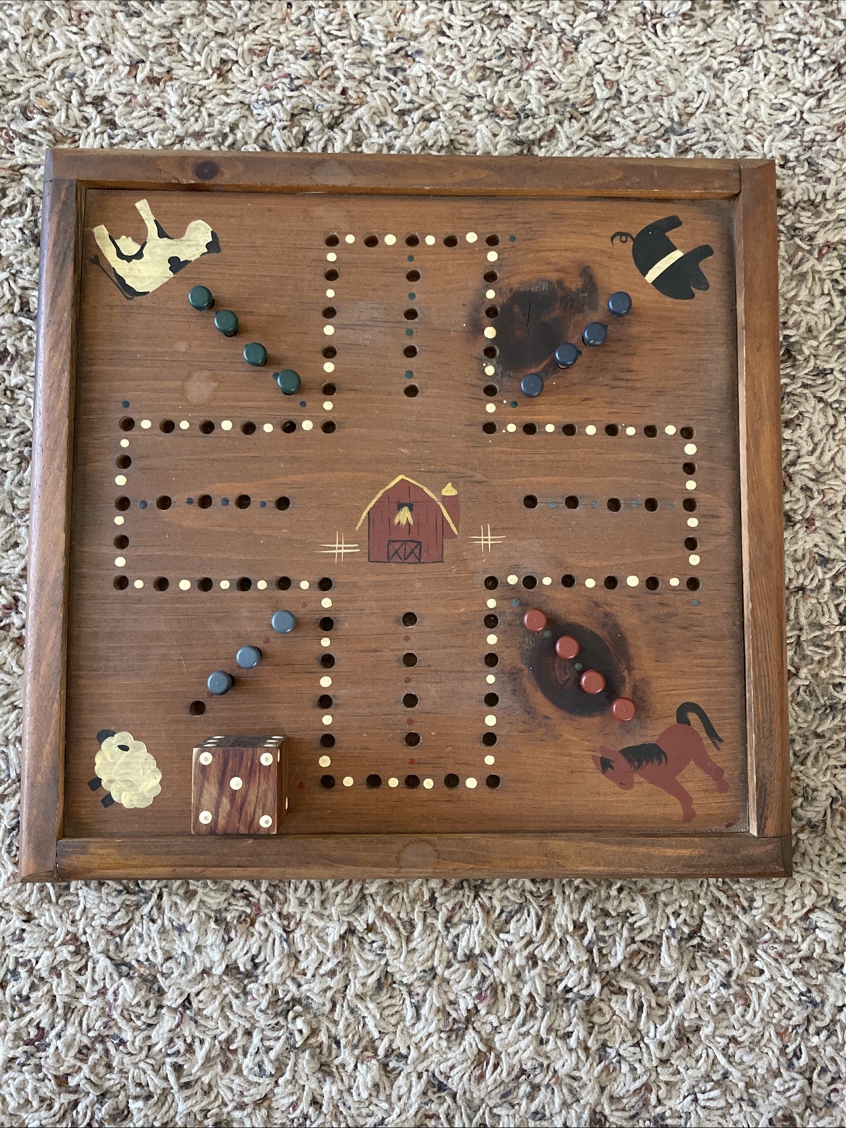 VTG Handmade Wooden Game Board Aggravation Wahoo Country Cottage Farmhouse Dice