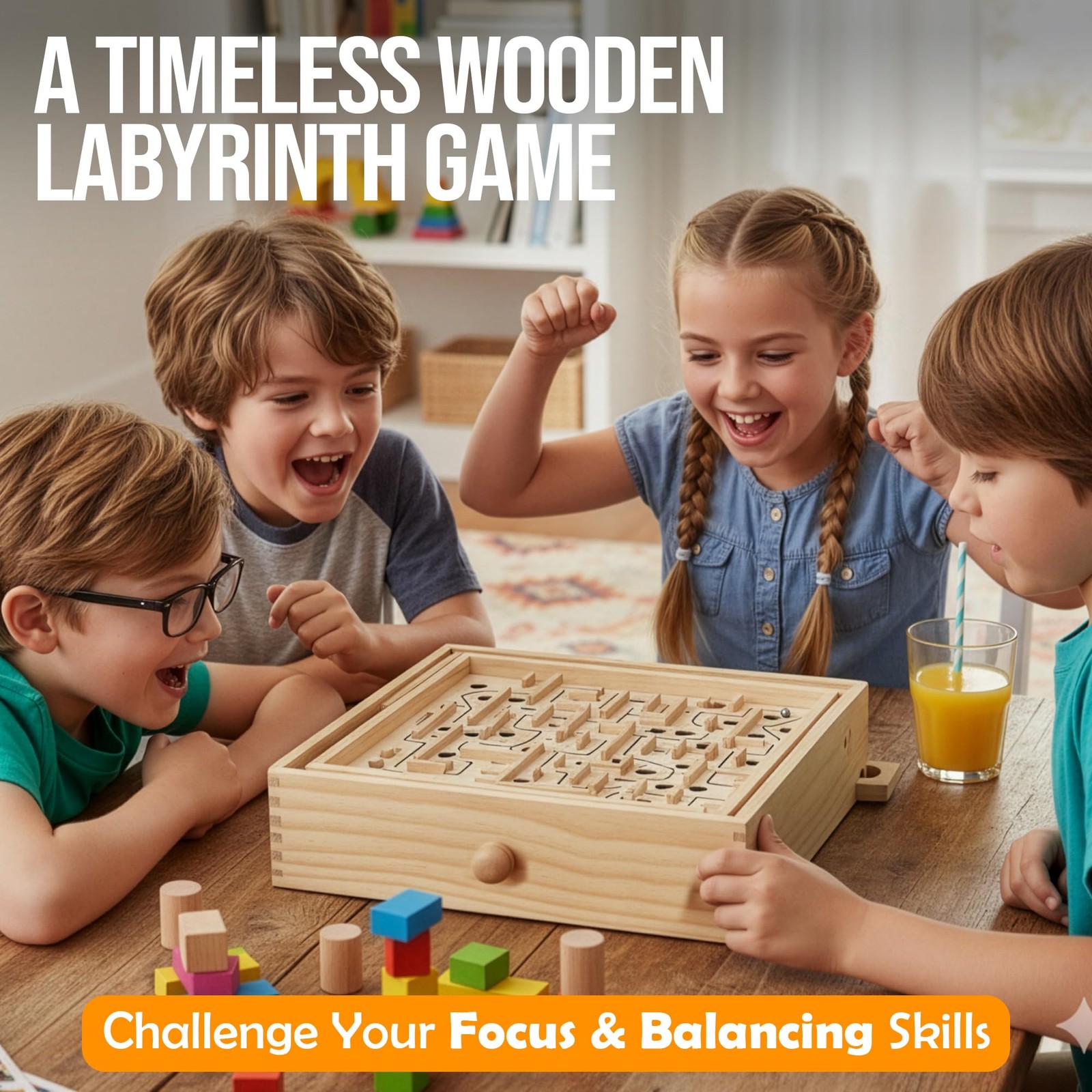 Wooden Labyrinth Marble Maze Game, Large 12.75″ x 11.5″ Tilt Maze Game Board …