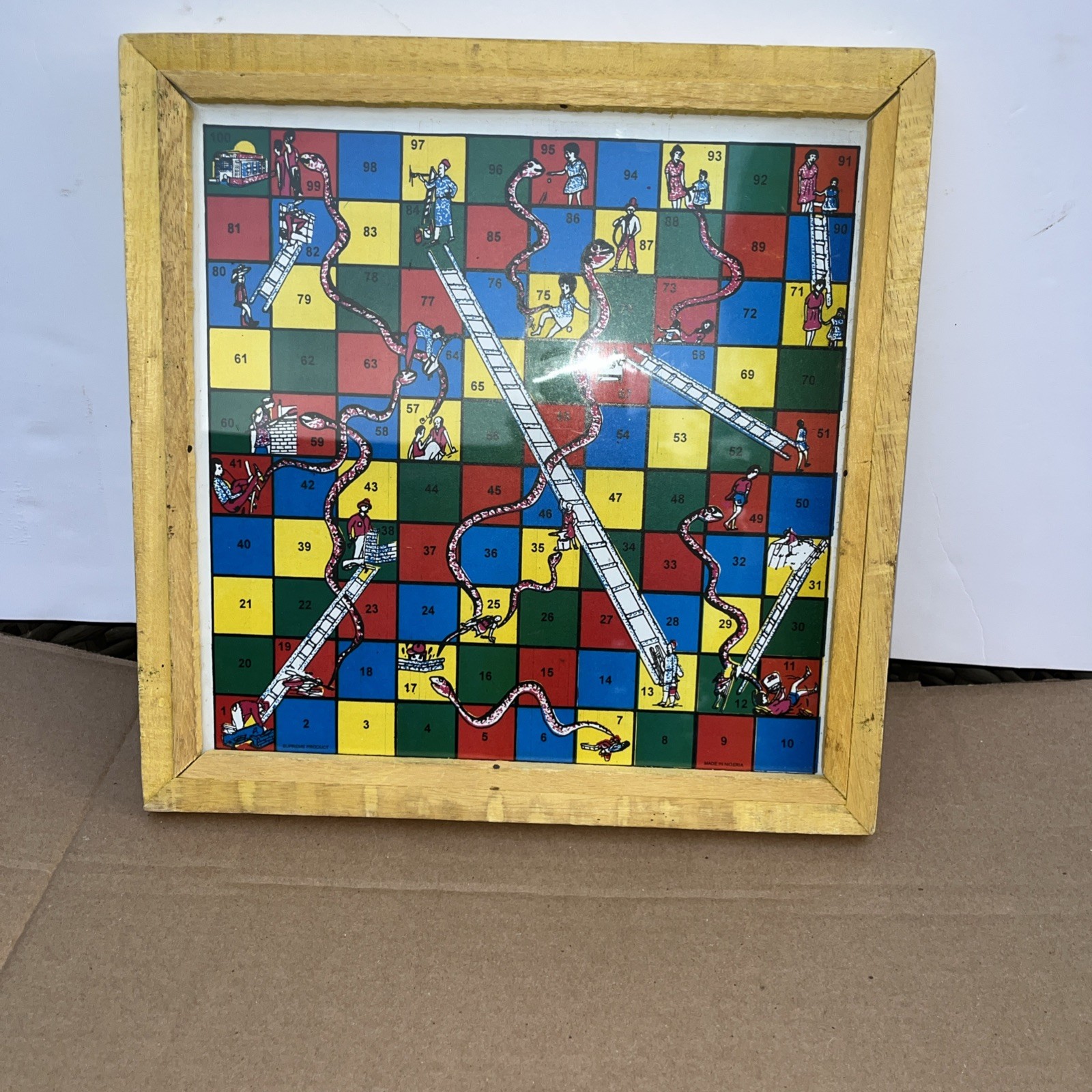 Framed Wooden Snakes Ladders Game Double Sided Soccer Stars BOARD Only 13 In Sq