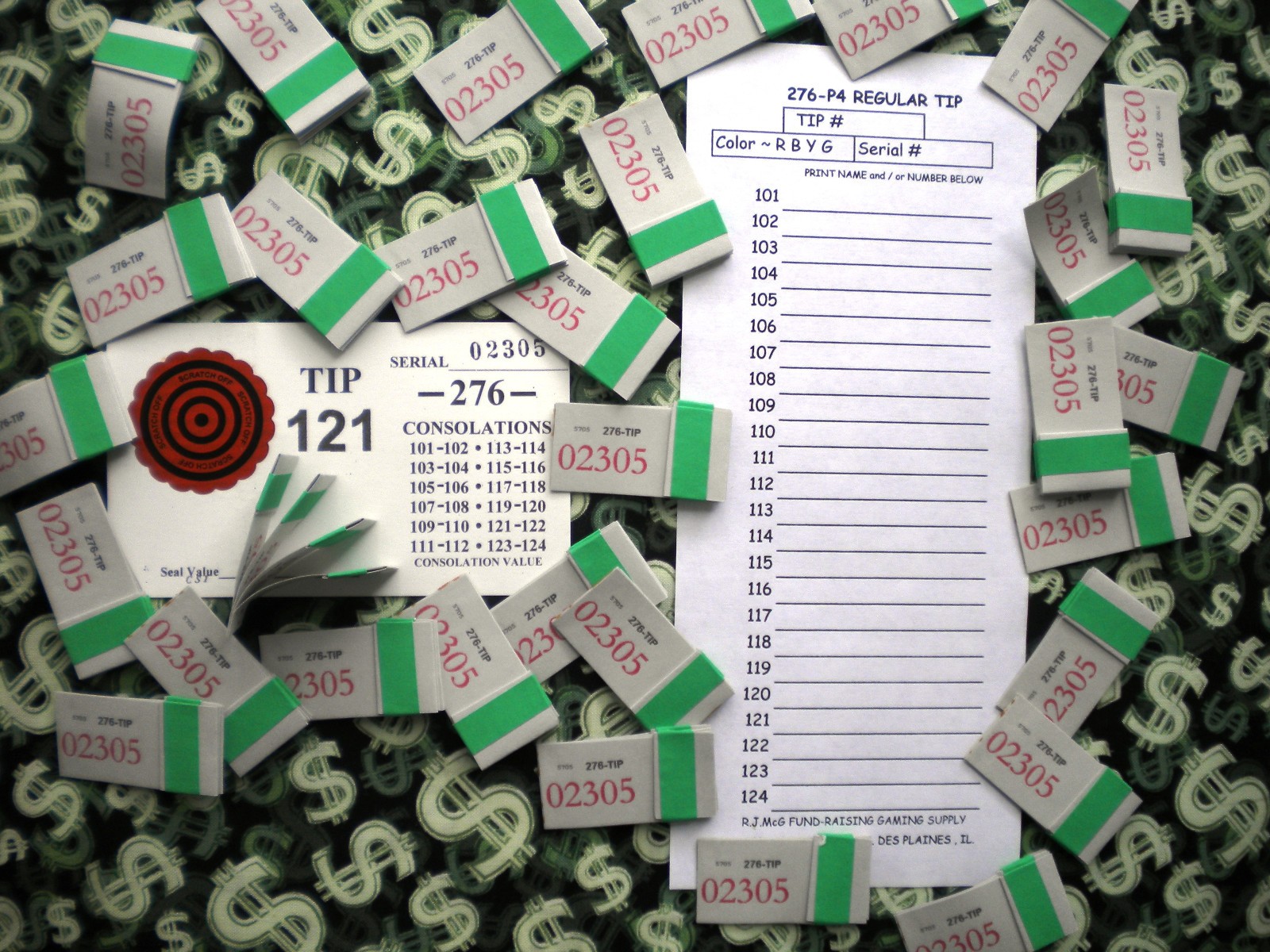 1 Game ~ 276-P4’s x69 REGULAR “NOT Sure” TIP BOARD {101-124} Pull Tab Jar Ticket