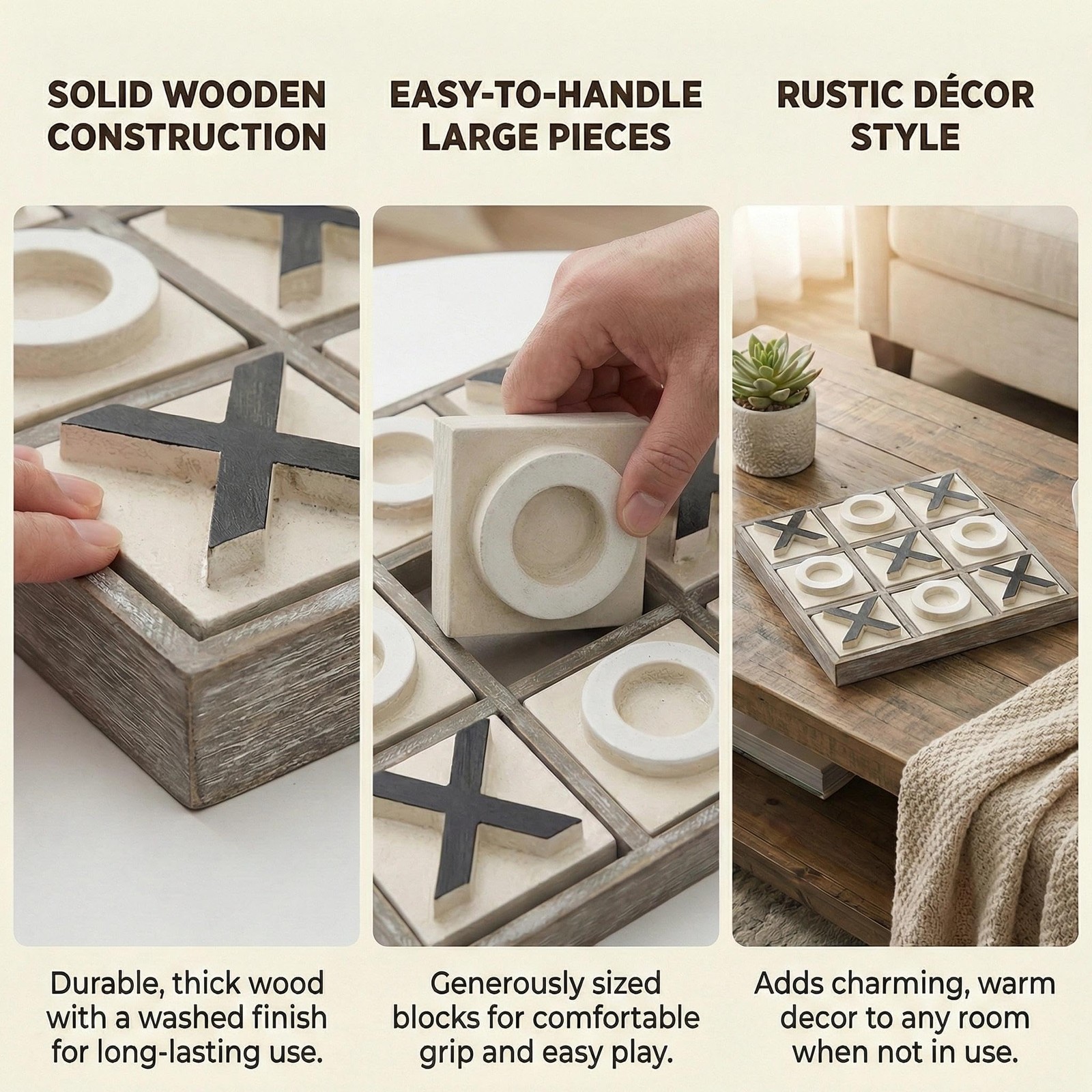 Jevergn 12.6 Large Wooden Tic Tac Toe Game Rustic Coffee Table Game Wood