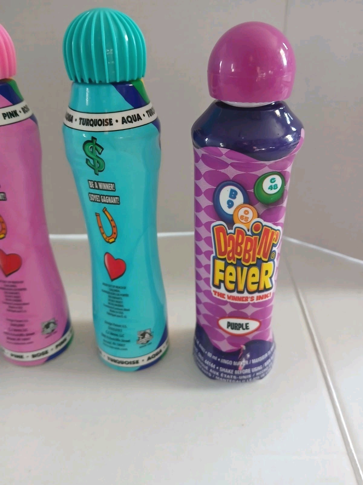 (4) Dab O Ink & Dabbin Fever Bingo Marker Dauber Purple Pink Aqua Used