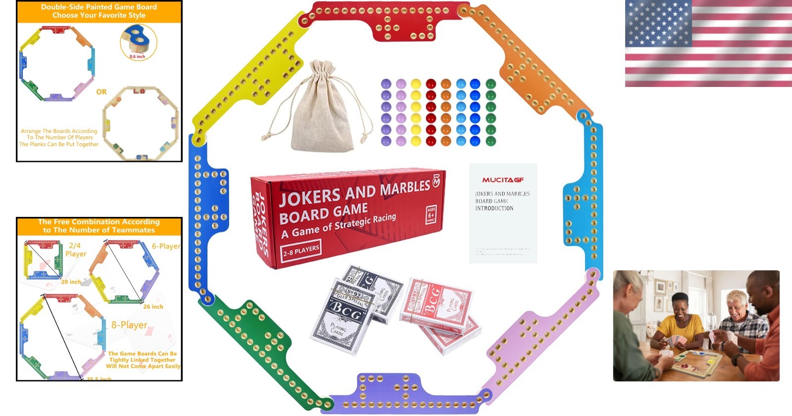 Jokers and Marbles Board Game Set 2-8 Players Wooden Pegs 48 Marbles 4 Decks