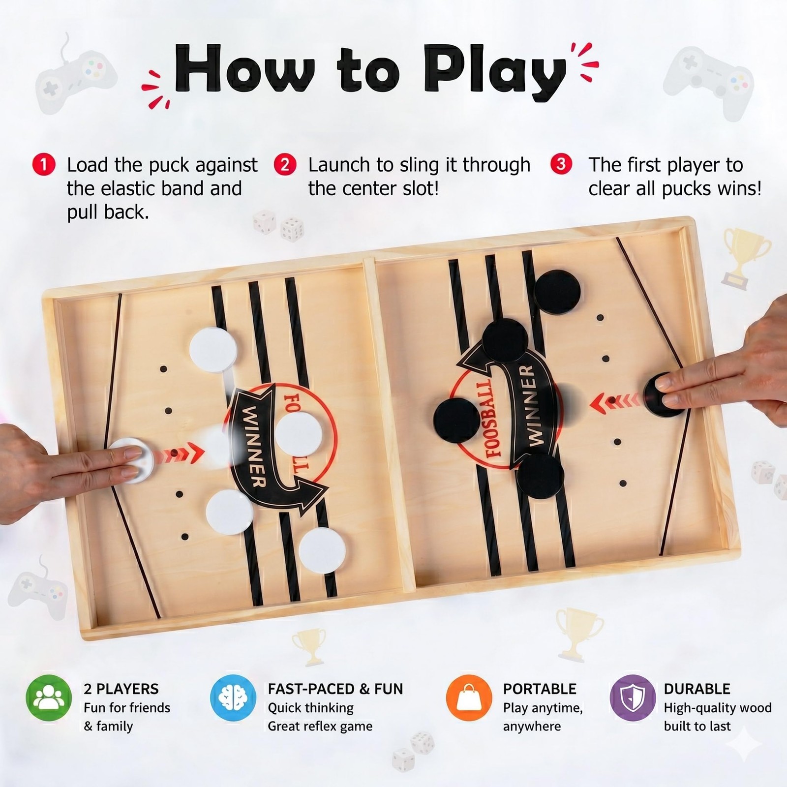 Fast Sling Puck Game, Wooden Air Hockey Board Game with 10 Spare Pucks & 2 El…