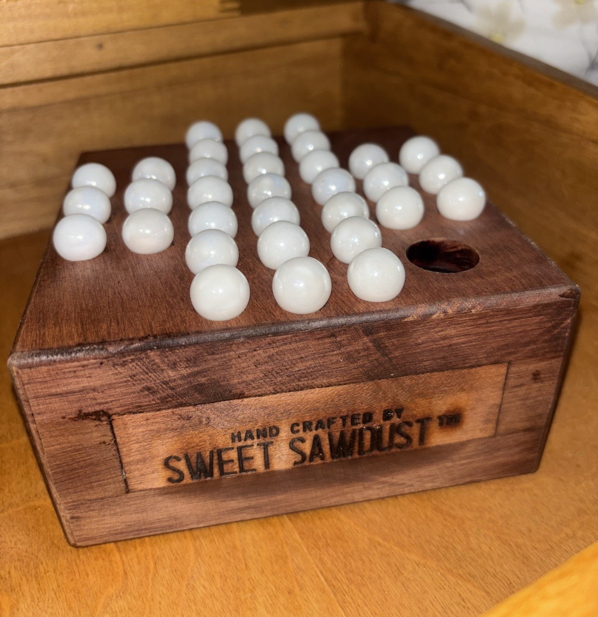 Vintage Handmade Marble Solitaire Game Solid Wood Board White Glass Marbles