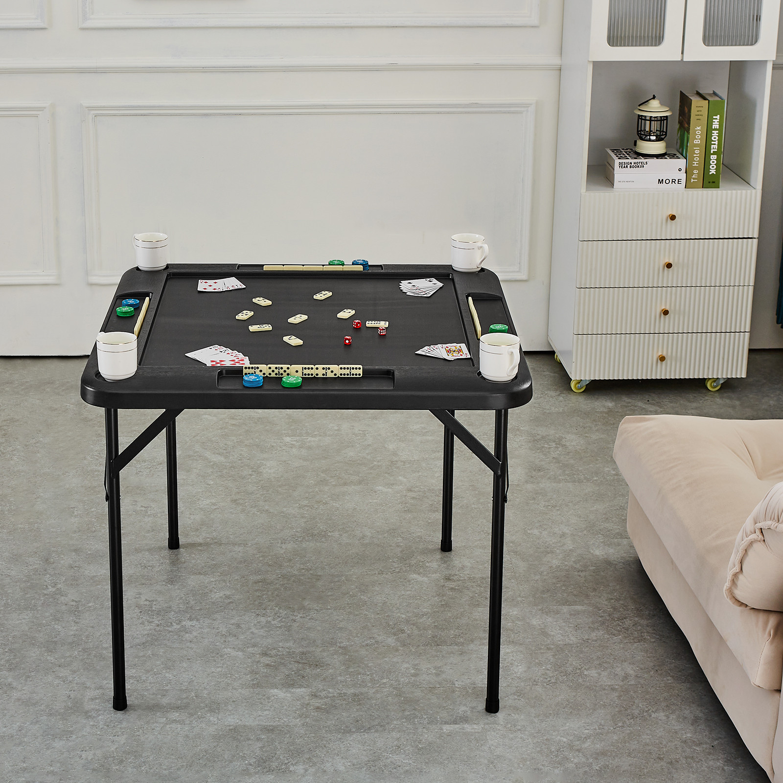 VEVOR Mahjong Table 4 Player Folding Card Table & 4 Cup Holders Chip Trays Black