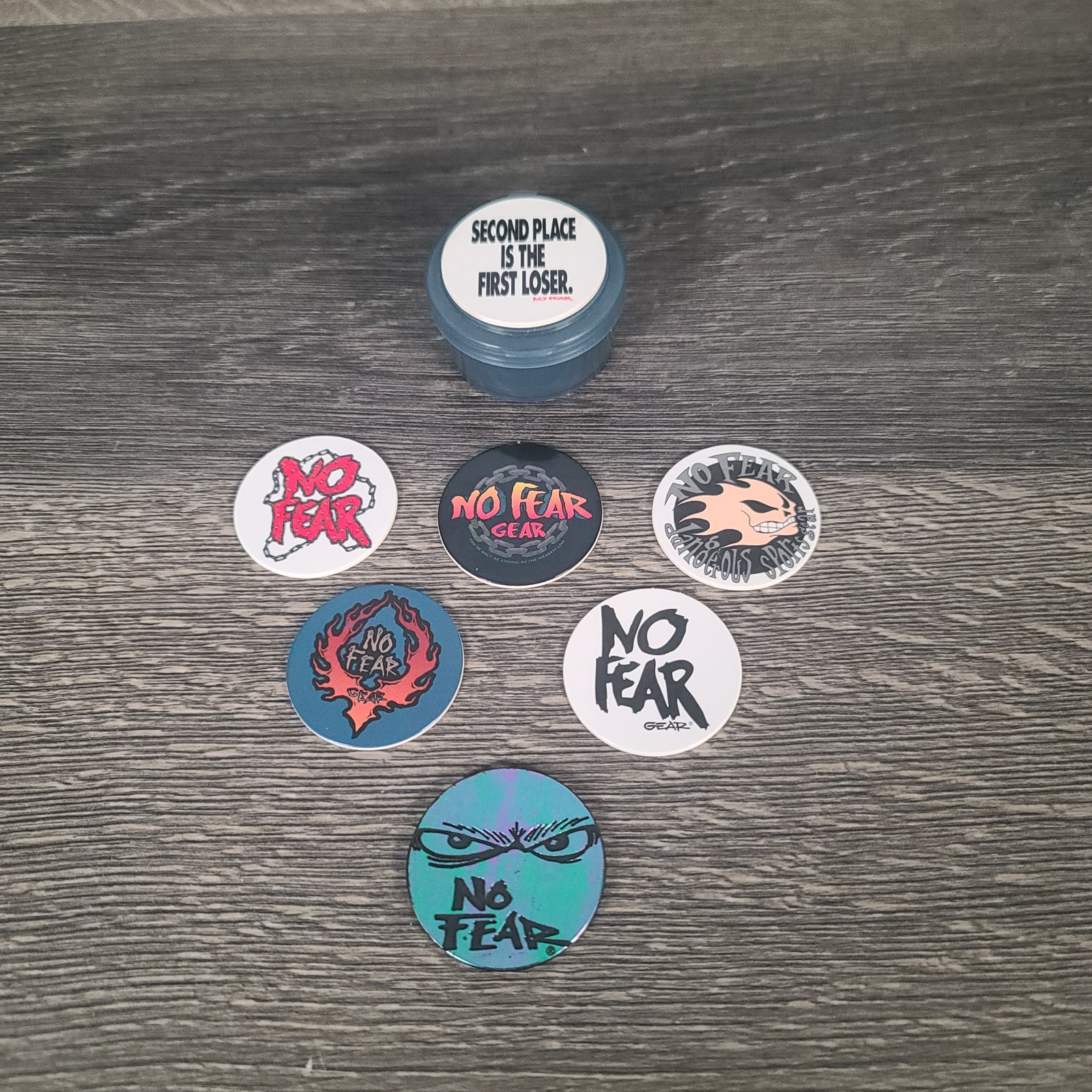 No Fear POGs Milk Cap 5 Pogs 1 Plastic Slammer And Container