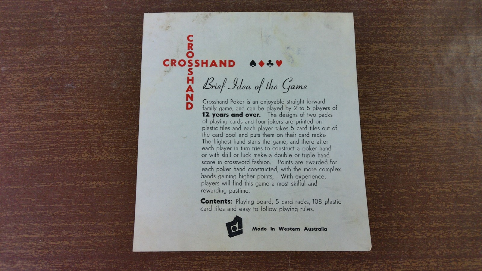Crosshand Poker Vintage Boardgame 1978 FCB Industries Western Australia #316837