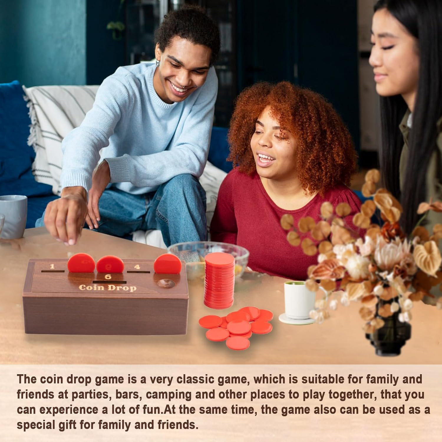Coin Drop Game for 2-6 Players,Penny Game Contains 50 Coins,Wooden Game