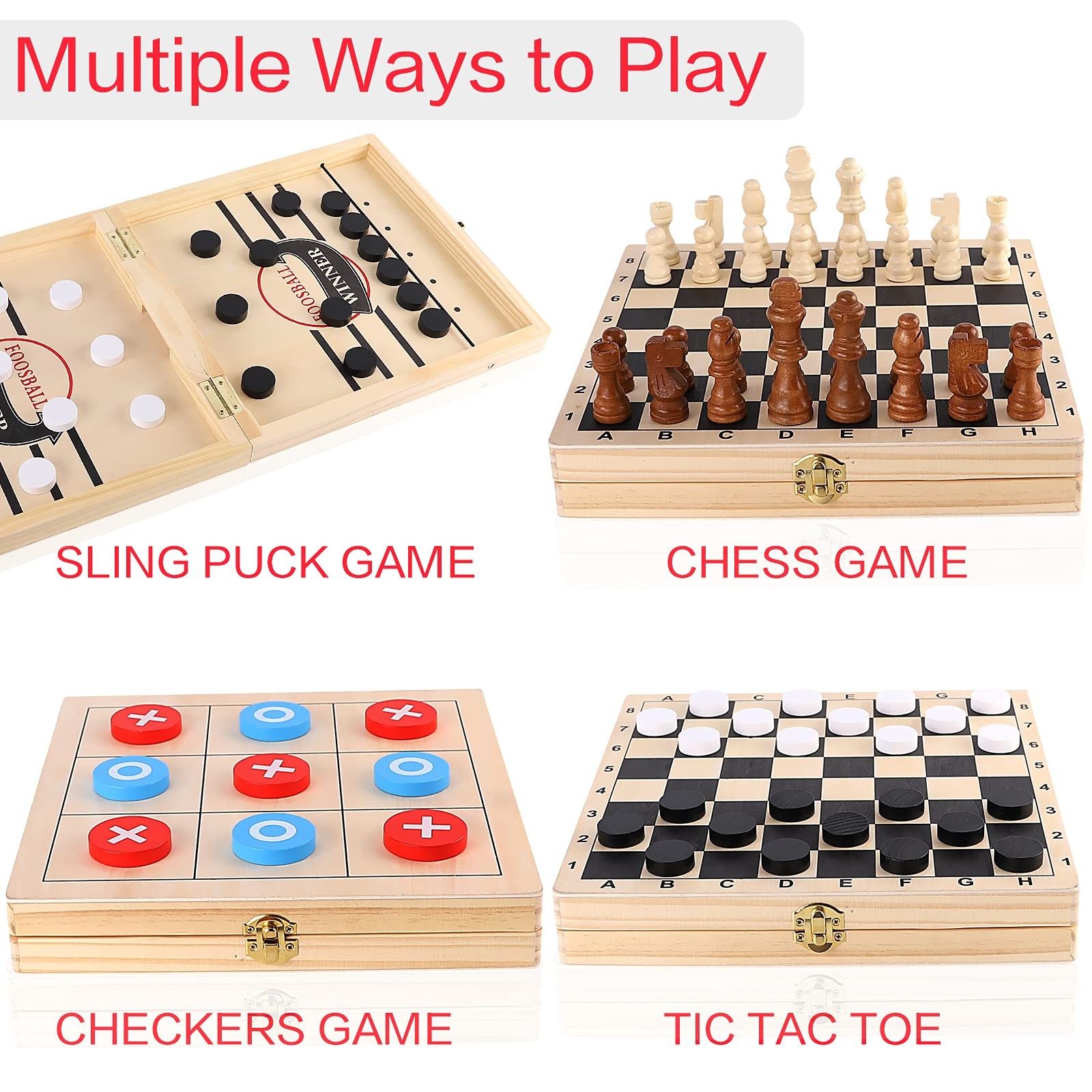 Sling Puck Game, Chess Checkers Game Set, 4 in 1 Folding Wooden Board Game, F…