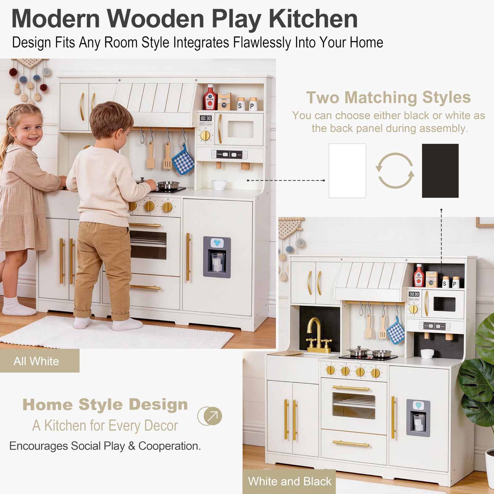 Kids Kitchen Playset Wooden Realistic Lights Sounds 19 Accessories Warm White
