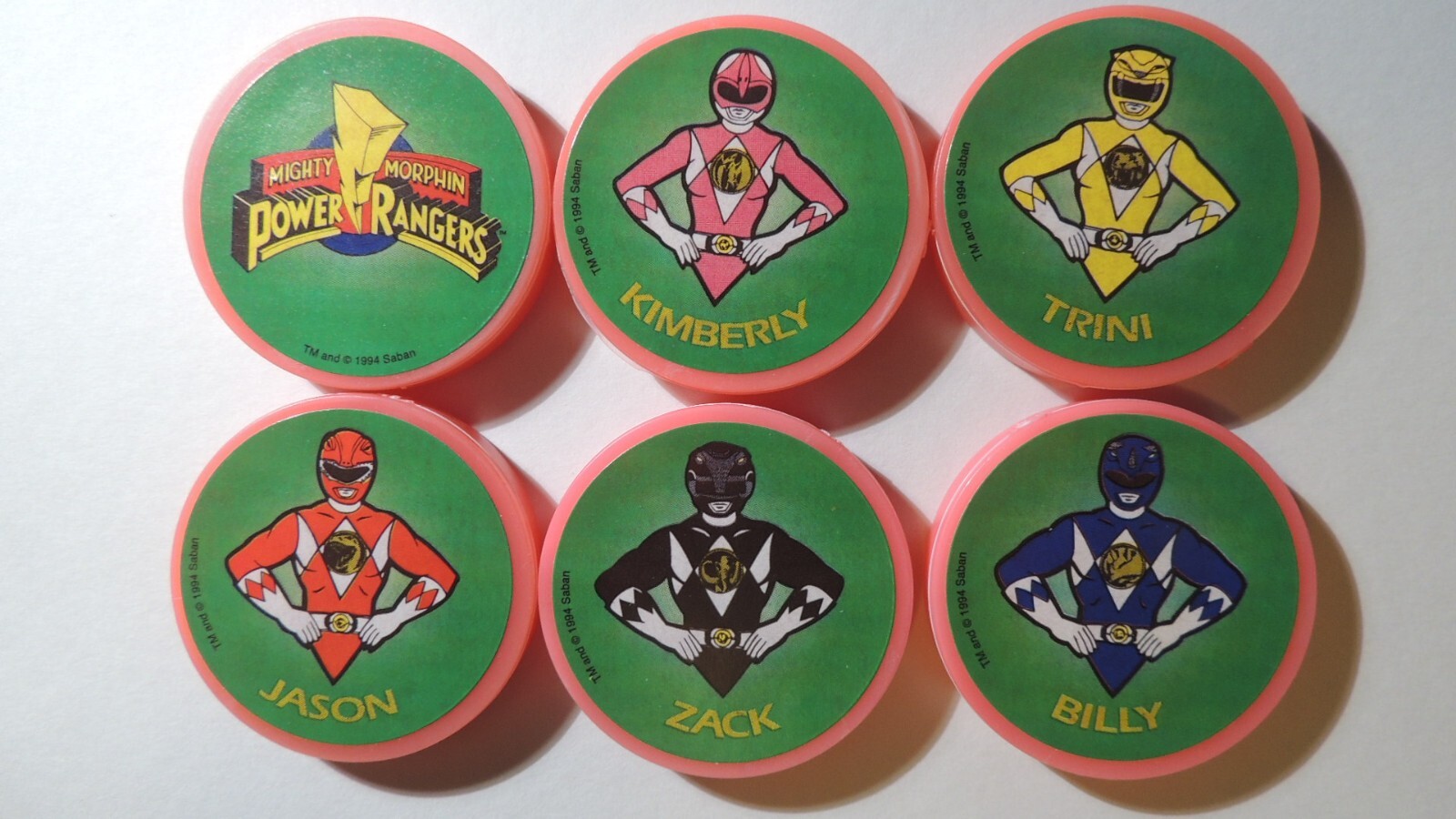 POWER RANGERS VINTAGE 1990’s ‘POG SLAMMER SET OF 6 PINK WITH STORAGE CONTAINER