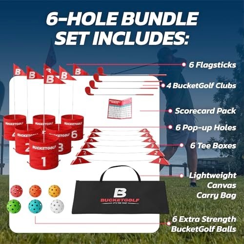 Bucketgolf 6-Hole Backyard Golf Game with 4 Clubs for All Ages