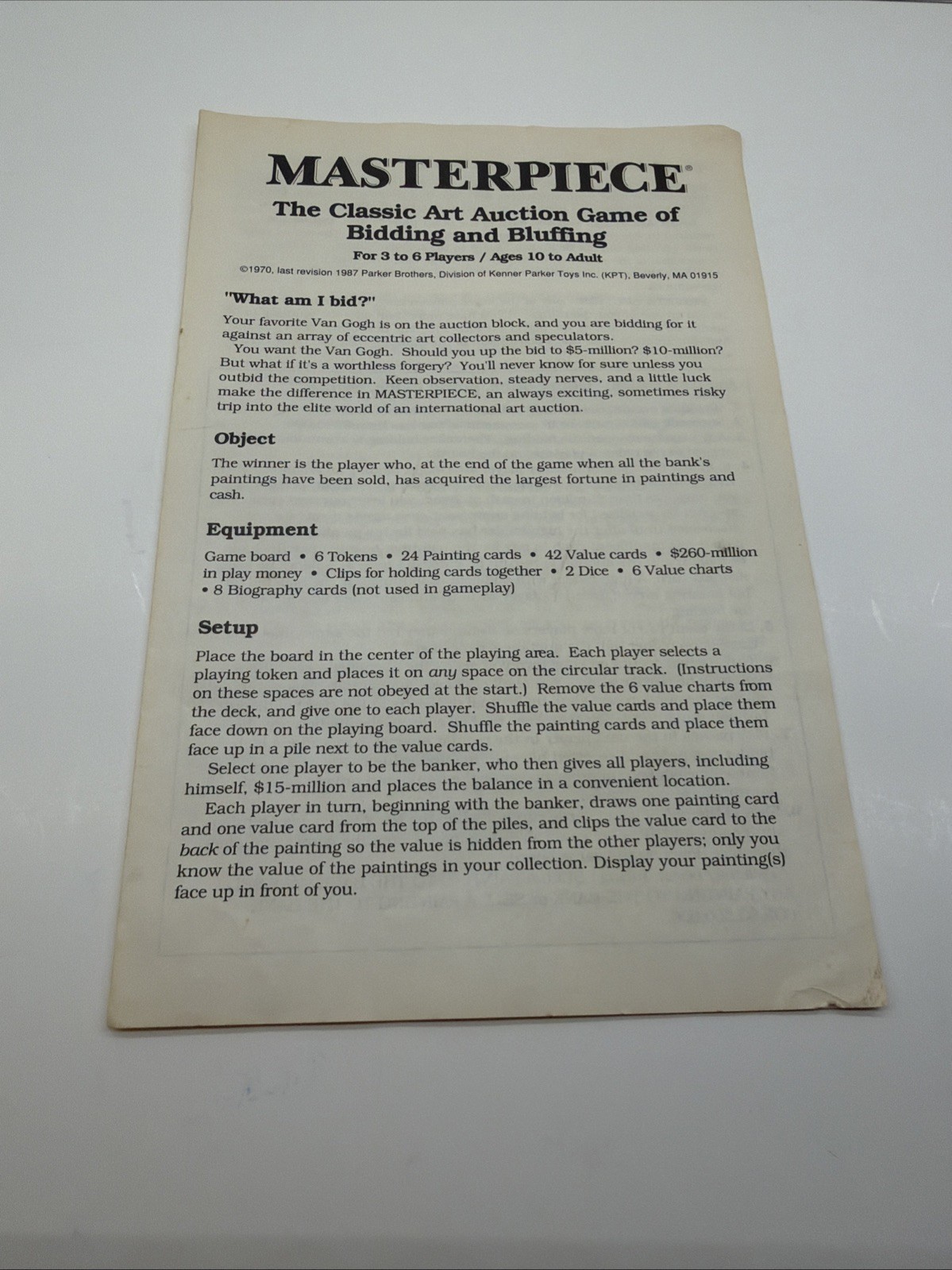 Parker Brothers Masterpiece The Classic Art Auction Game 1987; 100% COMPLETE