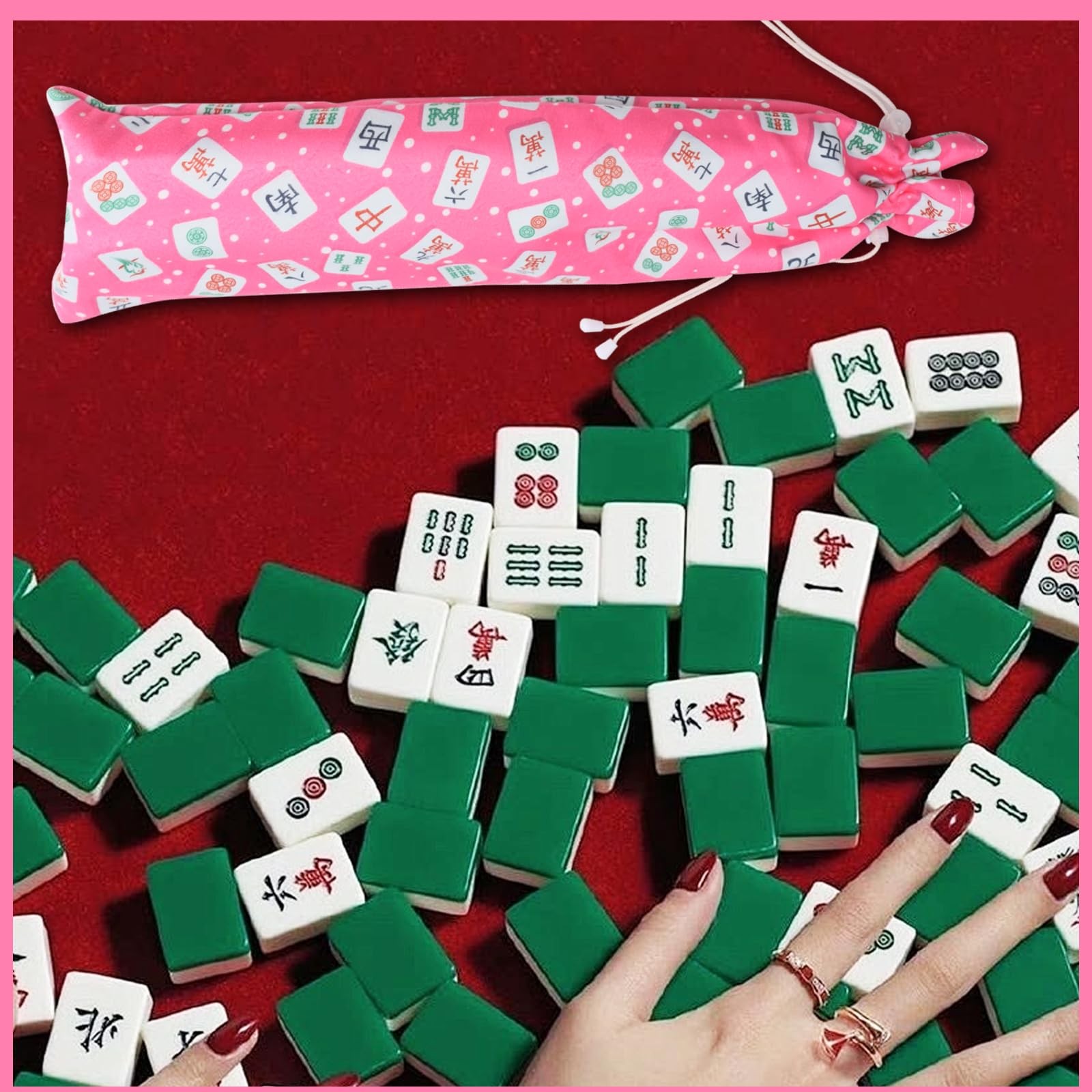 Mahjong Rack Bag, Velvet Drawstring Storage Pouch with Mahjong Print, Fits 4 .