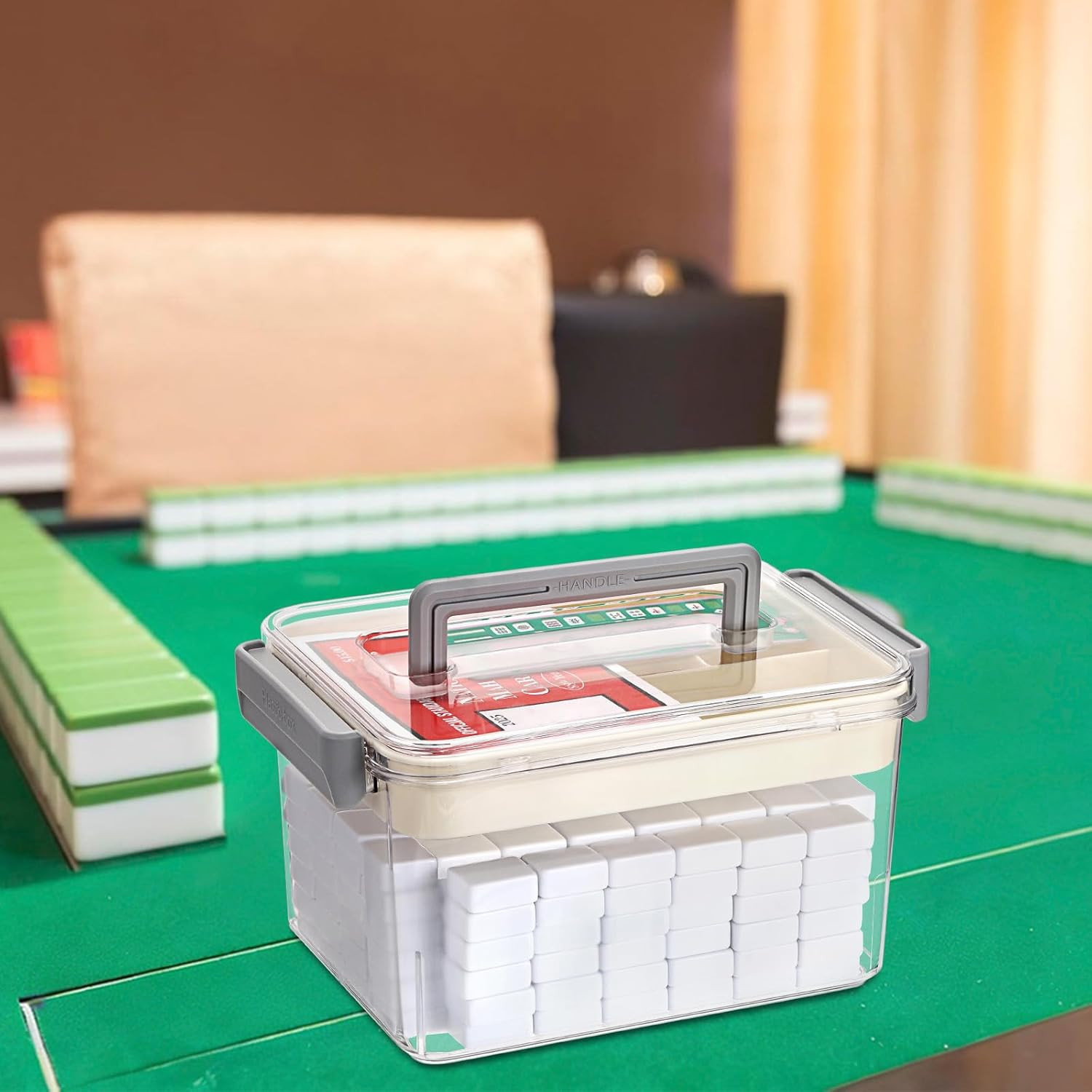 Empty Mahjong Tile Storage Box with Removable Tray, Holds 160-200 Tiles