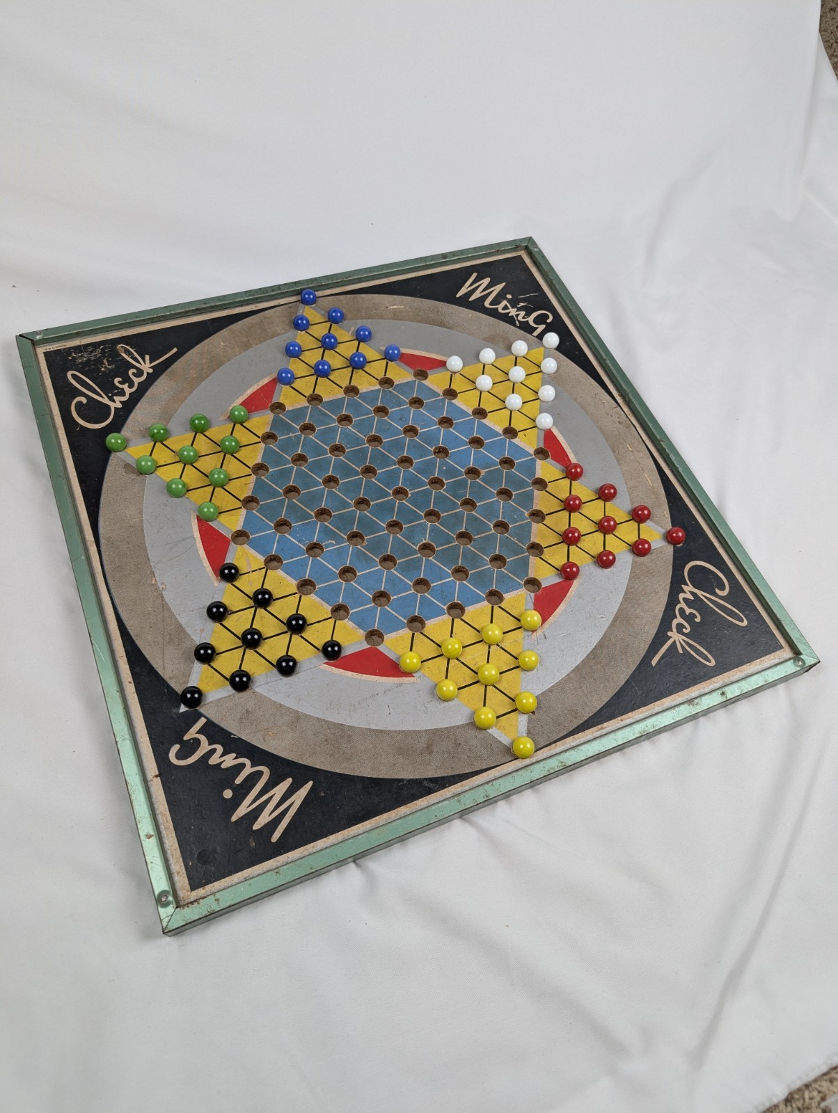 Vintage Chinese Checkers MING CHECK Board Game Reverses To Checkers Metal Frame