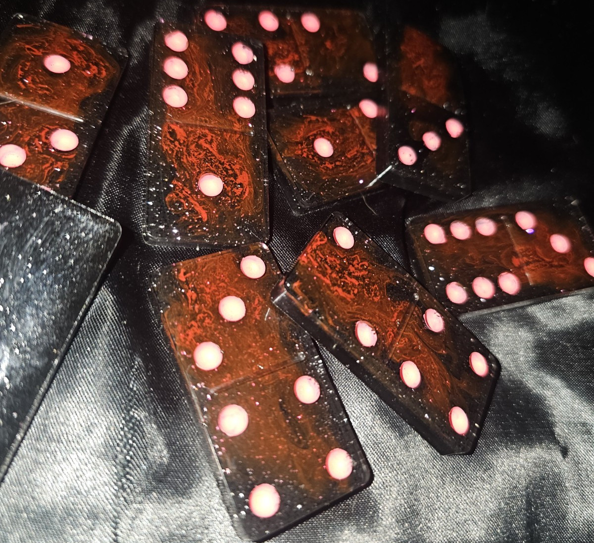 Custom Black and Red Dominoes Set with Pink Dots, Tile Game, Complete